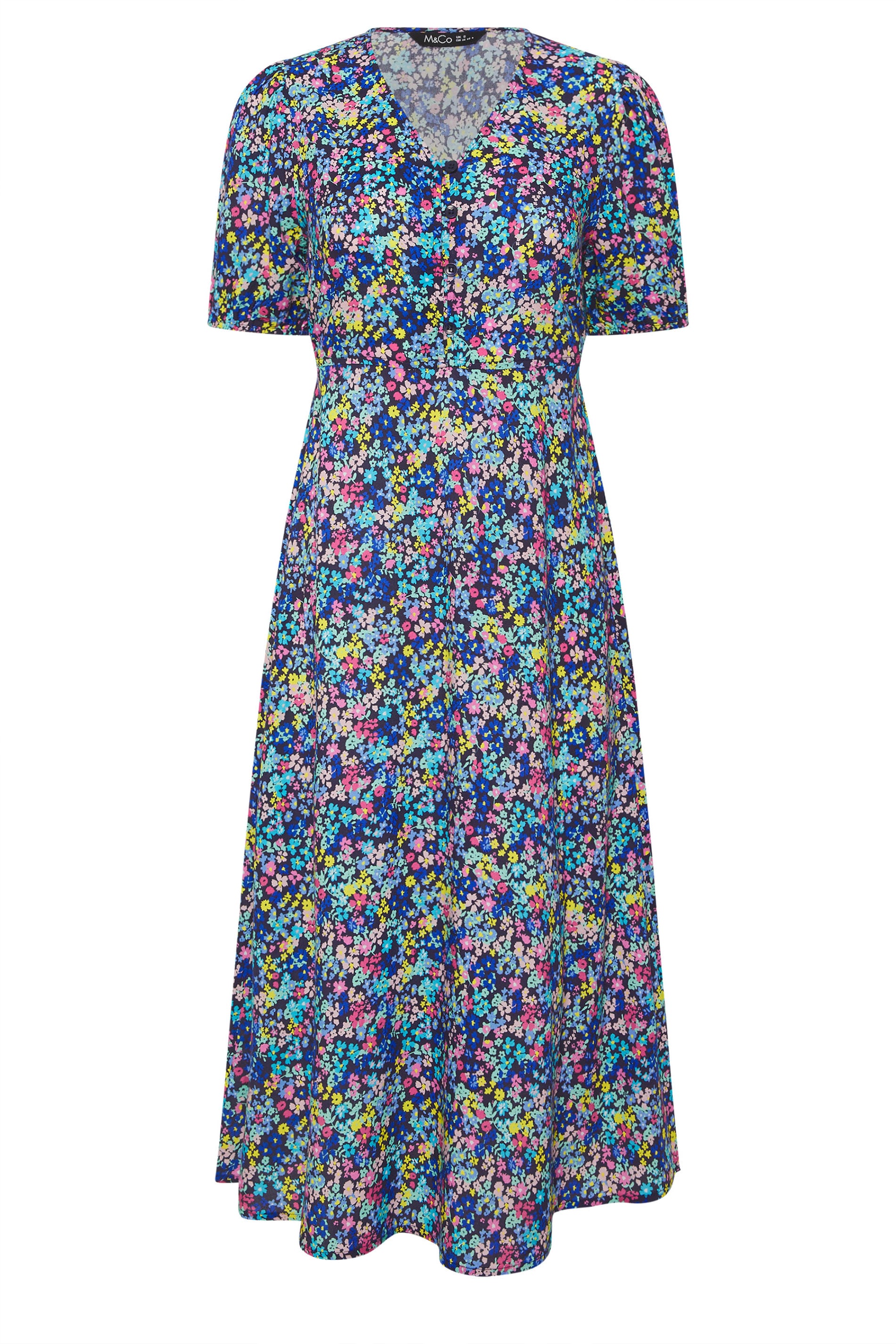 M&Co Petite Blue Ditsy Floral Puff Sleeve Dress | M&Co 5