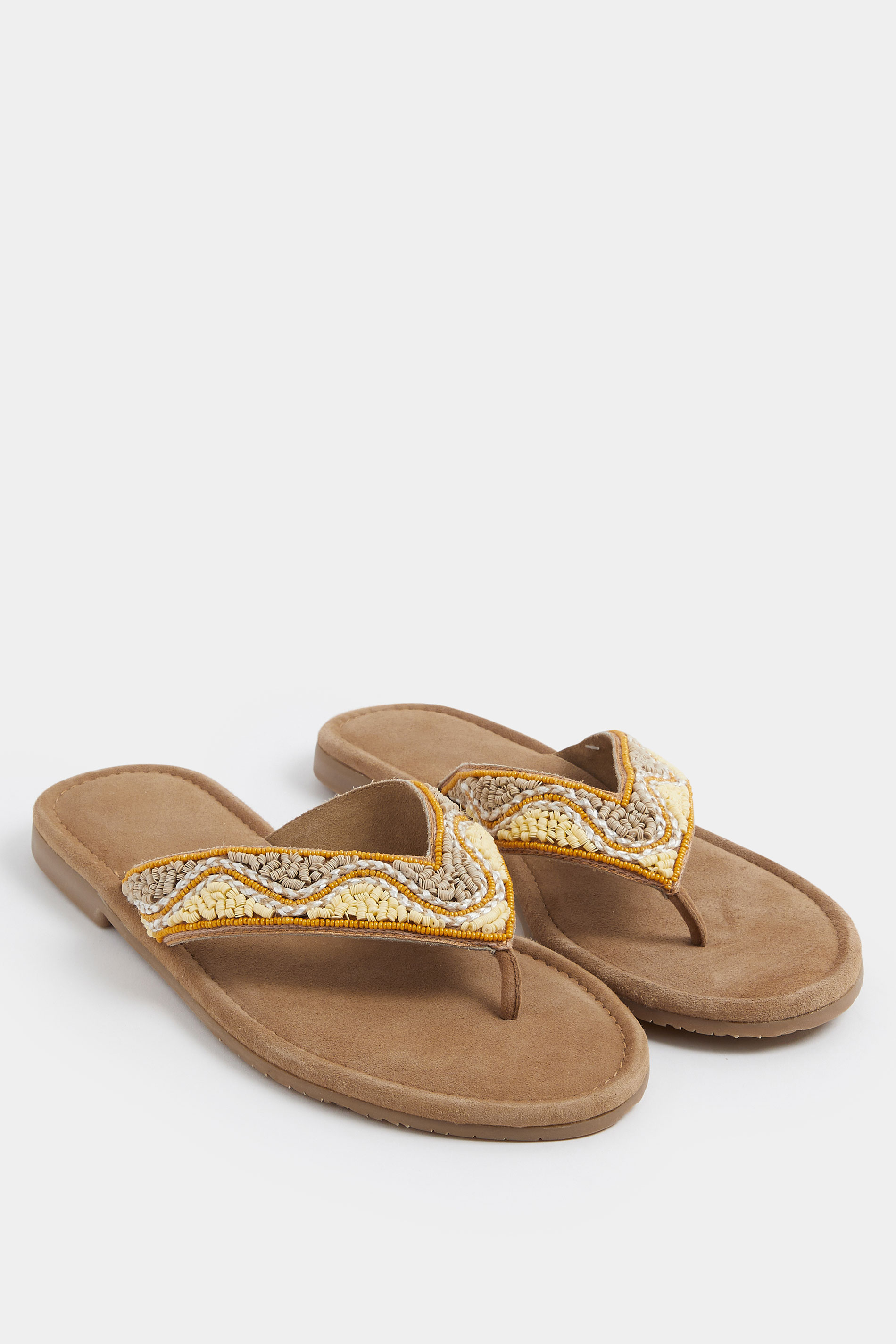 Natural Brown Faux Suede Beaded Sandals In Extra Wide E Fit | Yours Clothing 1