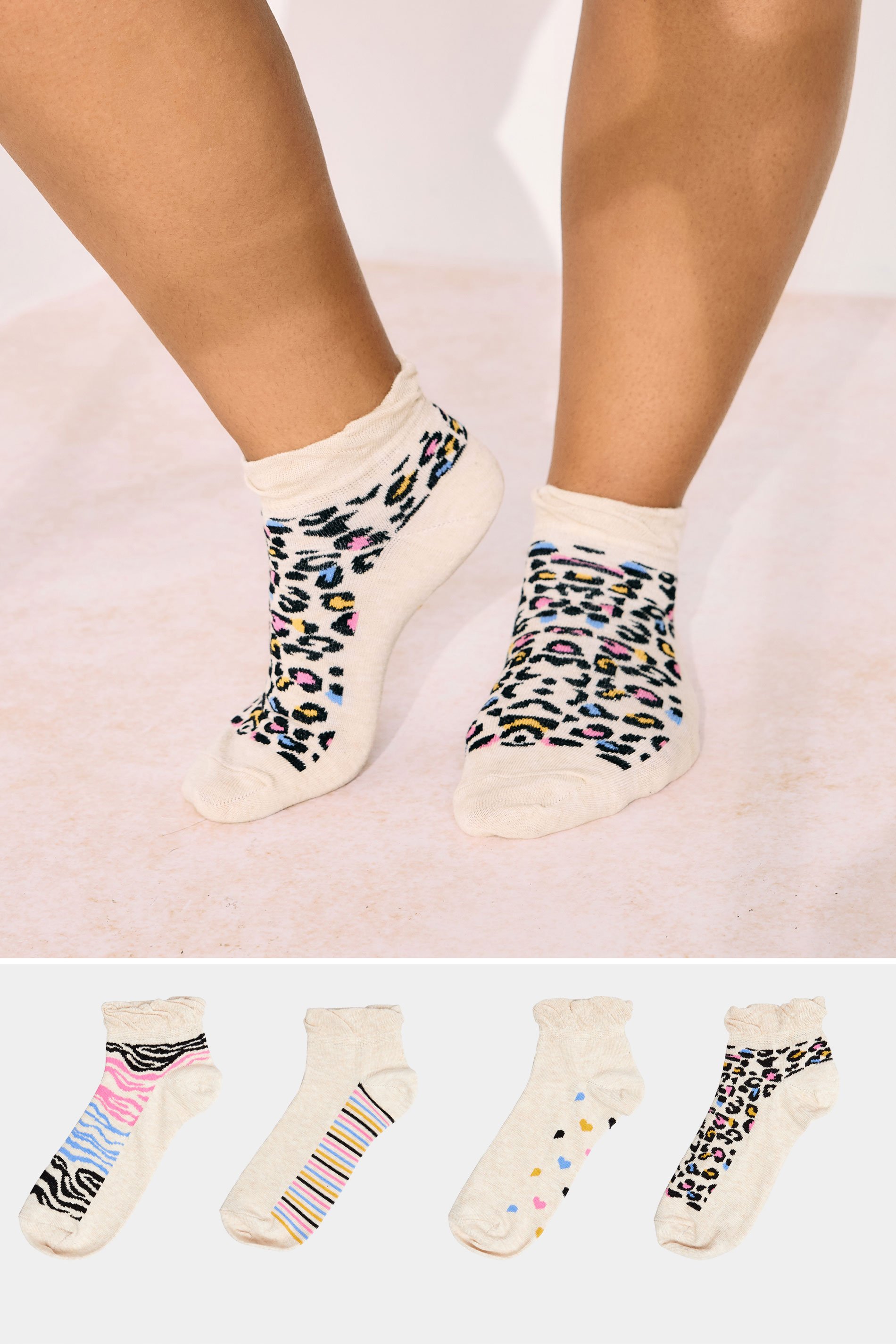 YOURS 4 PACK Plus Size Cream Animal Print Ankle Socks | Yours Clothing 1