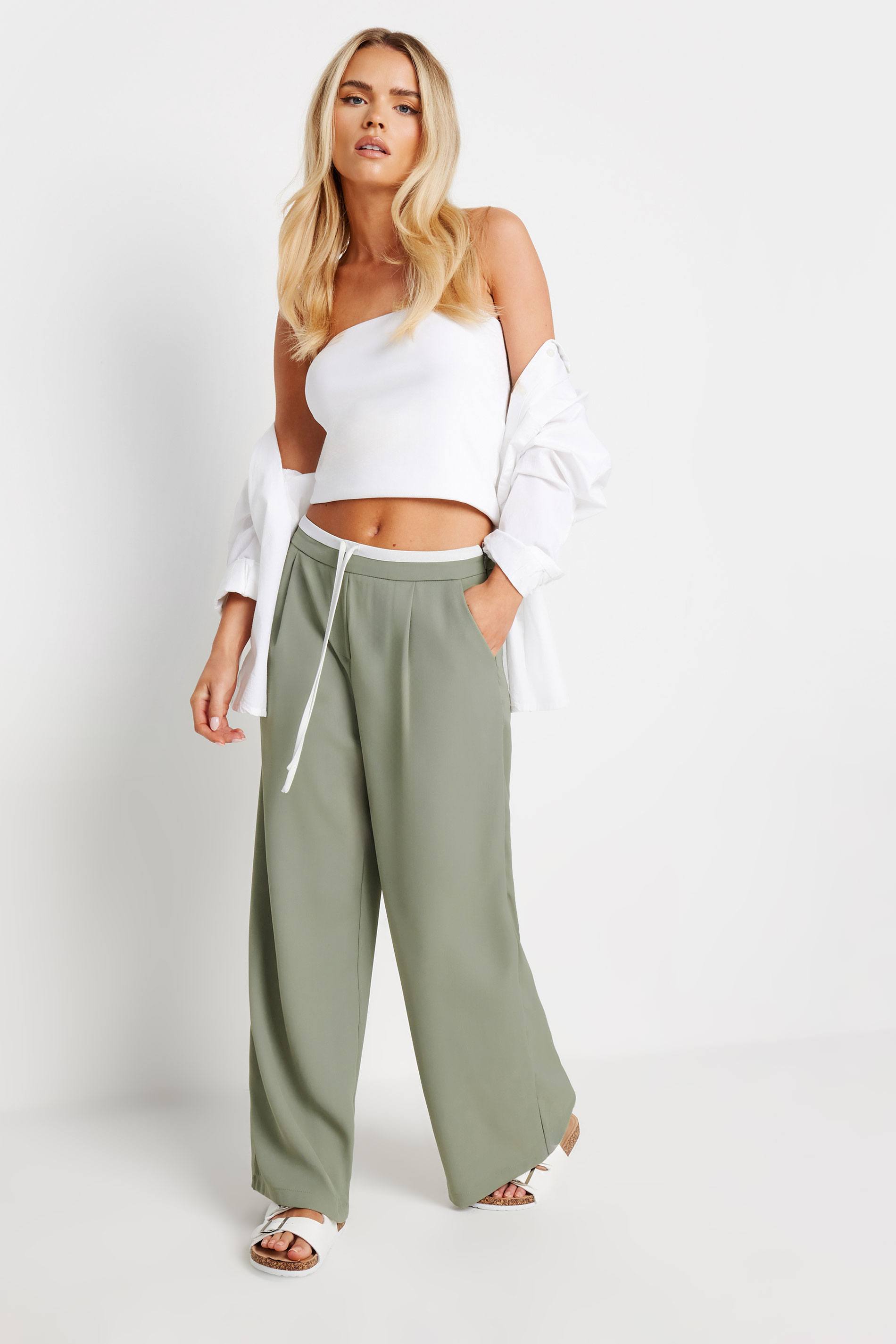 PixieGirl Petite Womens Sage Green Contrast Waist Wide Leg Trousers | PixieGirl 1
