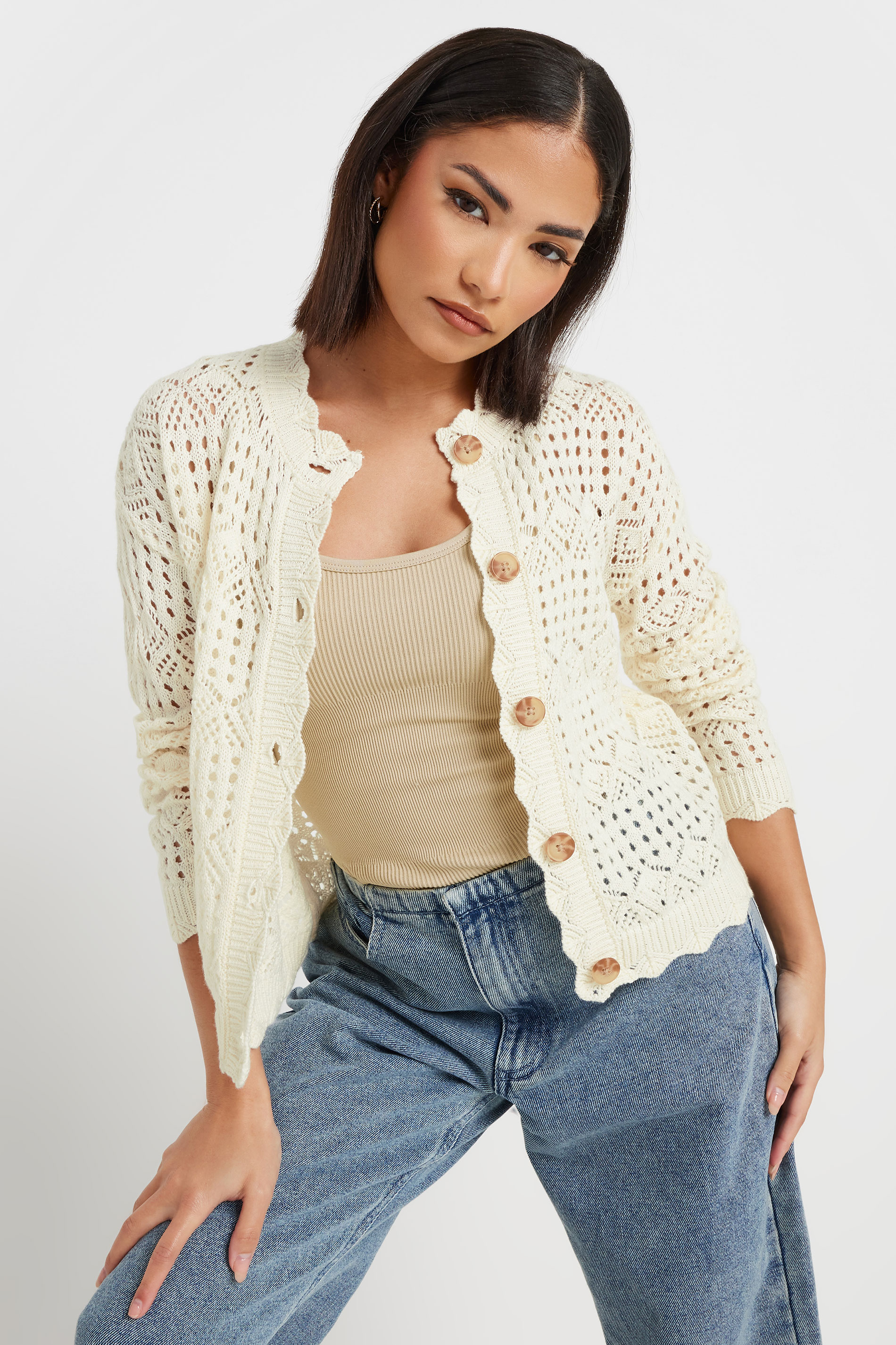 PixieGirl Petite Women's Ivory White Crochet Button Cardigan | PixieGirl 2