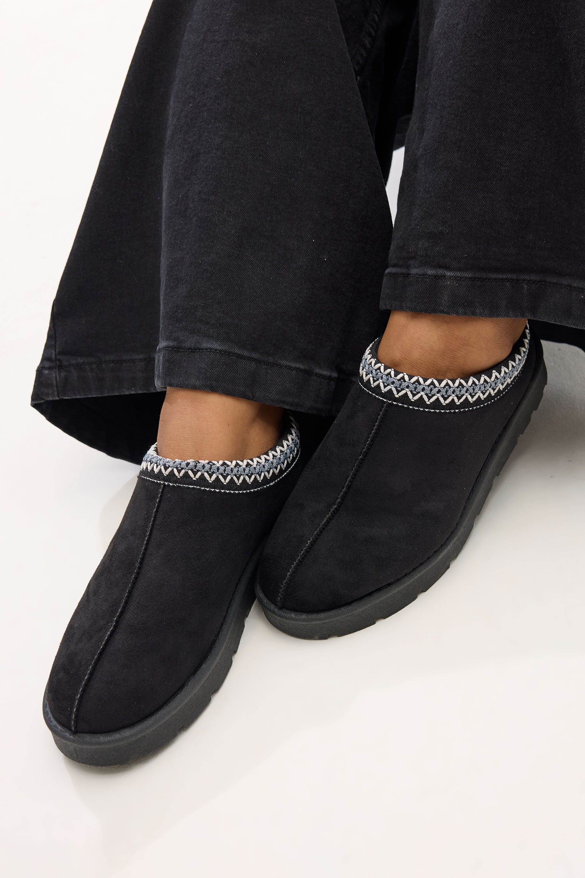 Black & Blue Faux Suede Embroidered Mules In Standard Fit | Yours Clothing 1