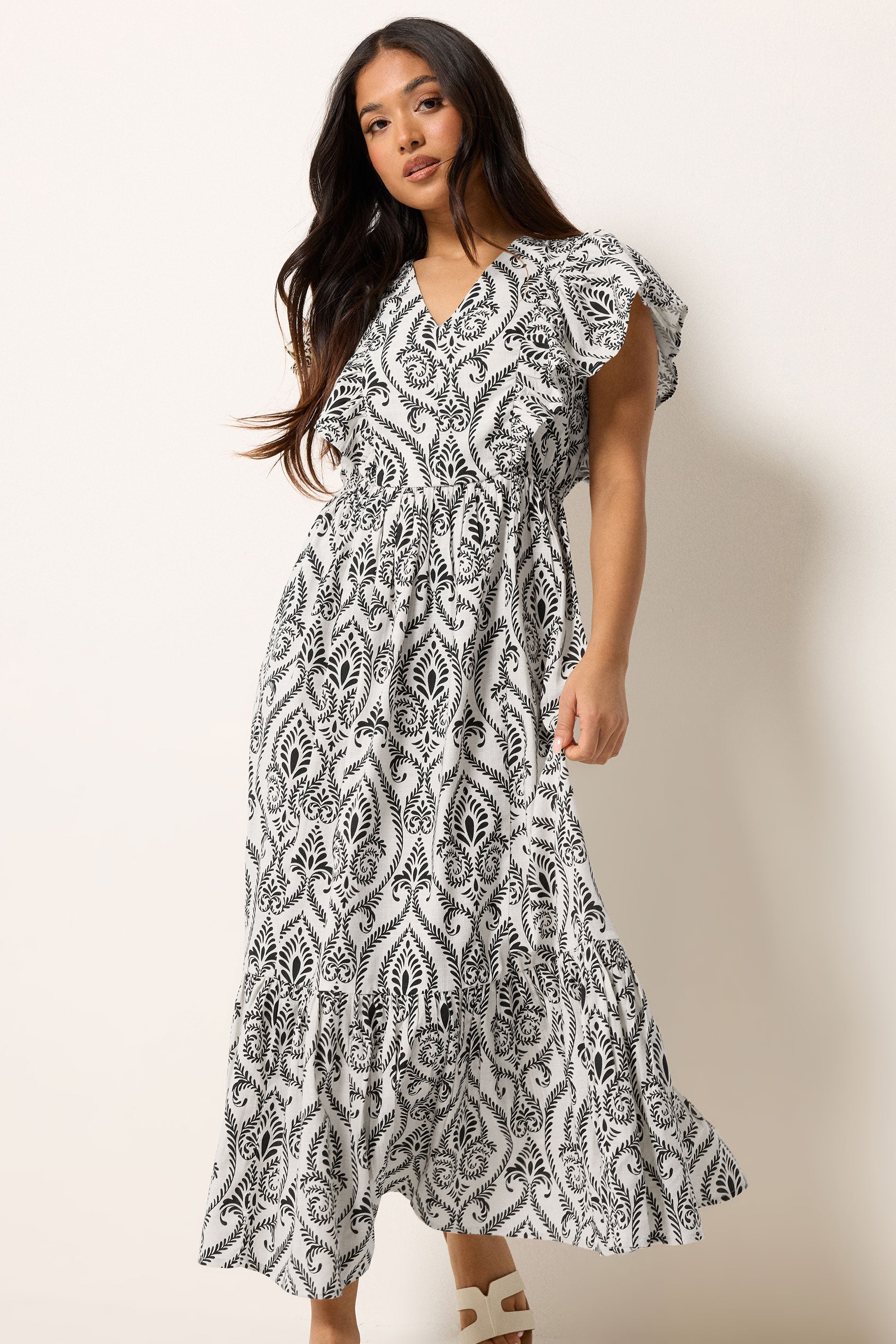 PixieGirl Petite Women's White Tile Print Tiered Maxi Dress | PixieGirl 2