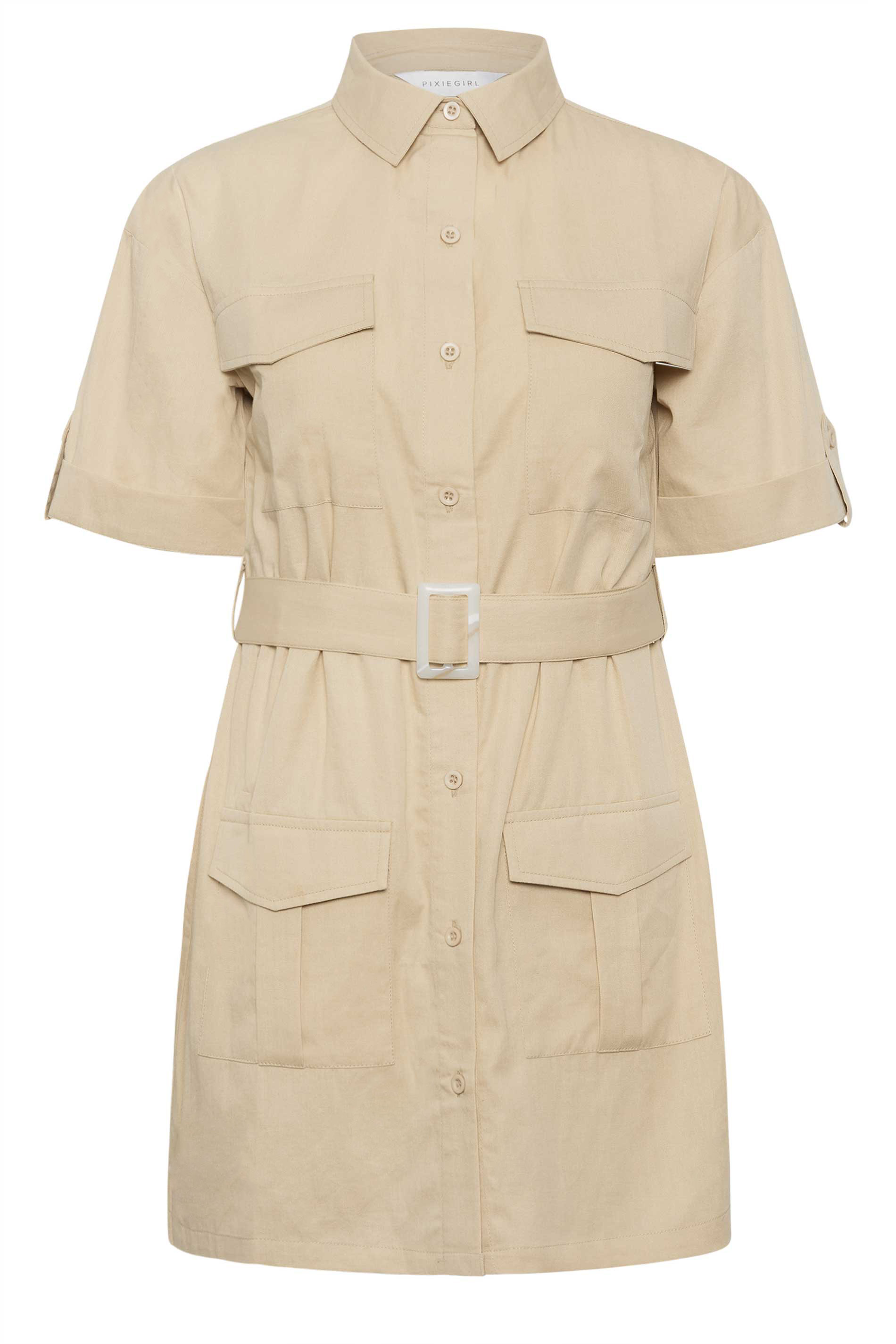 PixieGirl Petite Womens Beige Brown Utility Mini Dress | PixieGirl 7