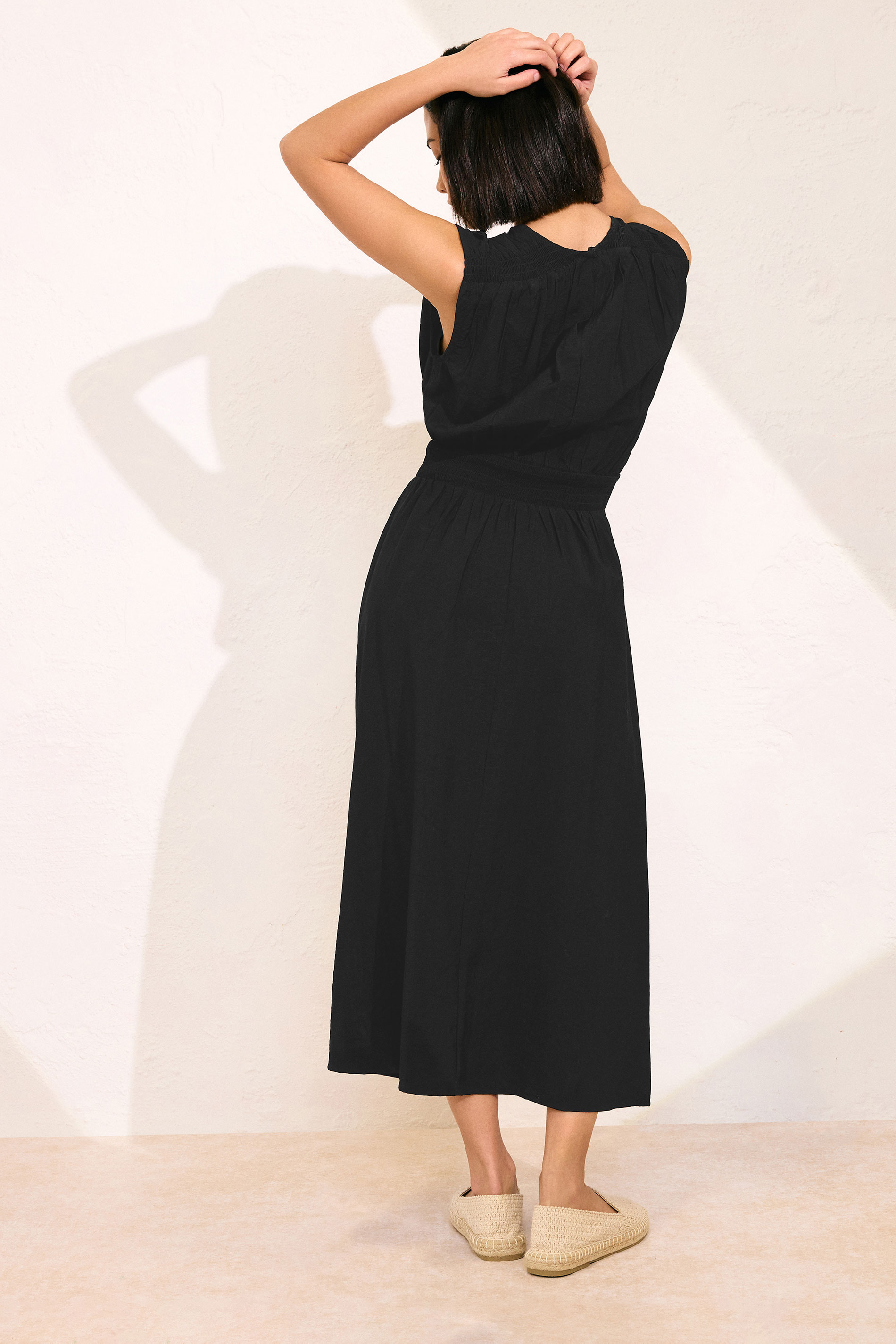 PixieGirl Petite Women's Black Shirred Waist Midi Dress | PixieGirl 3