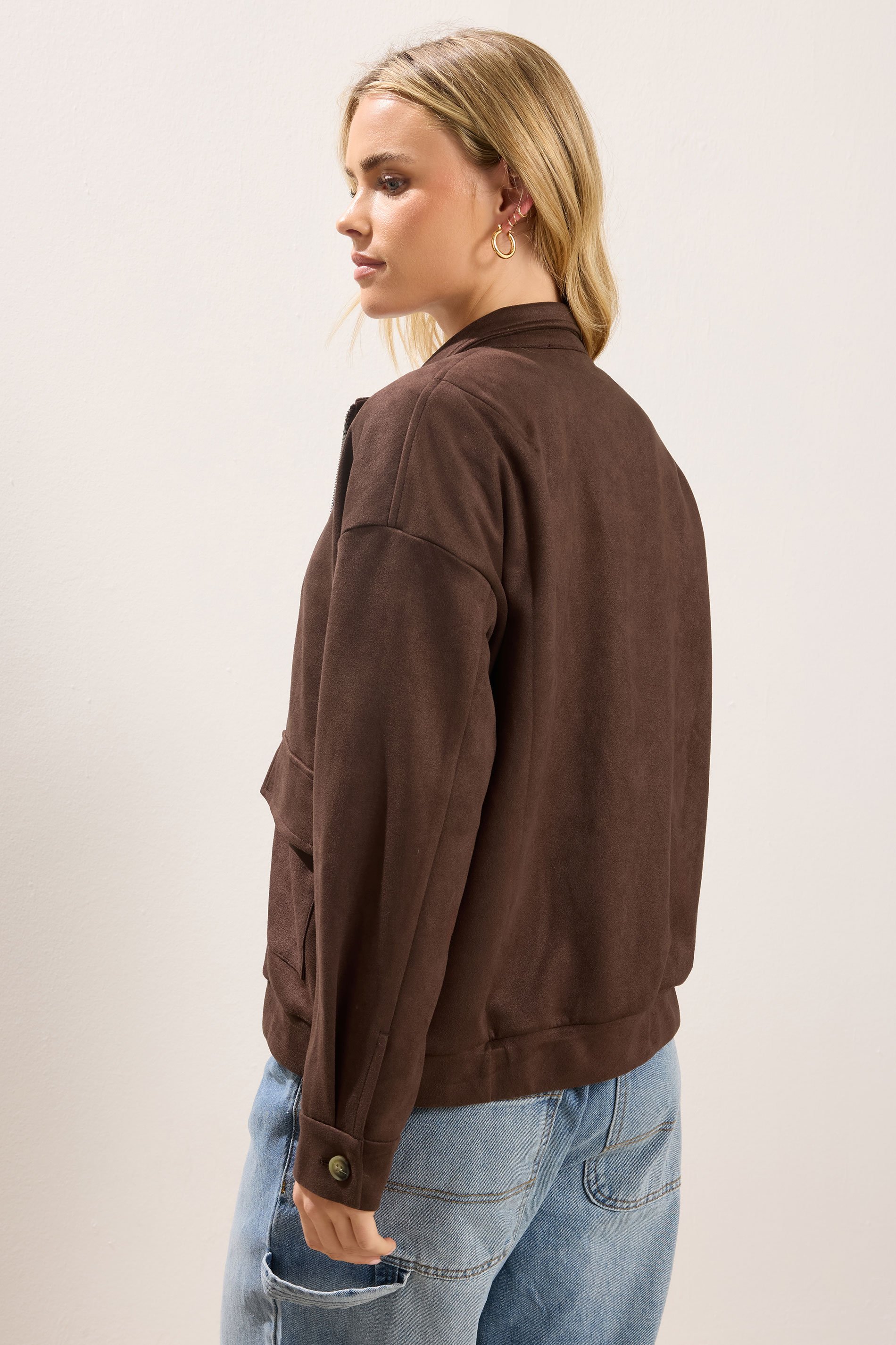 PixieGirl Petite Women's Chocolate Brown Faux Suede Bomber Jacket | PixieGirl 3
