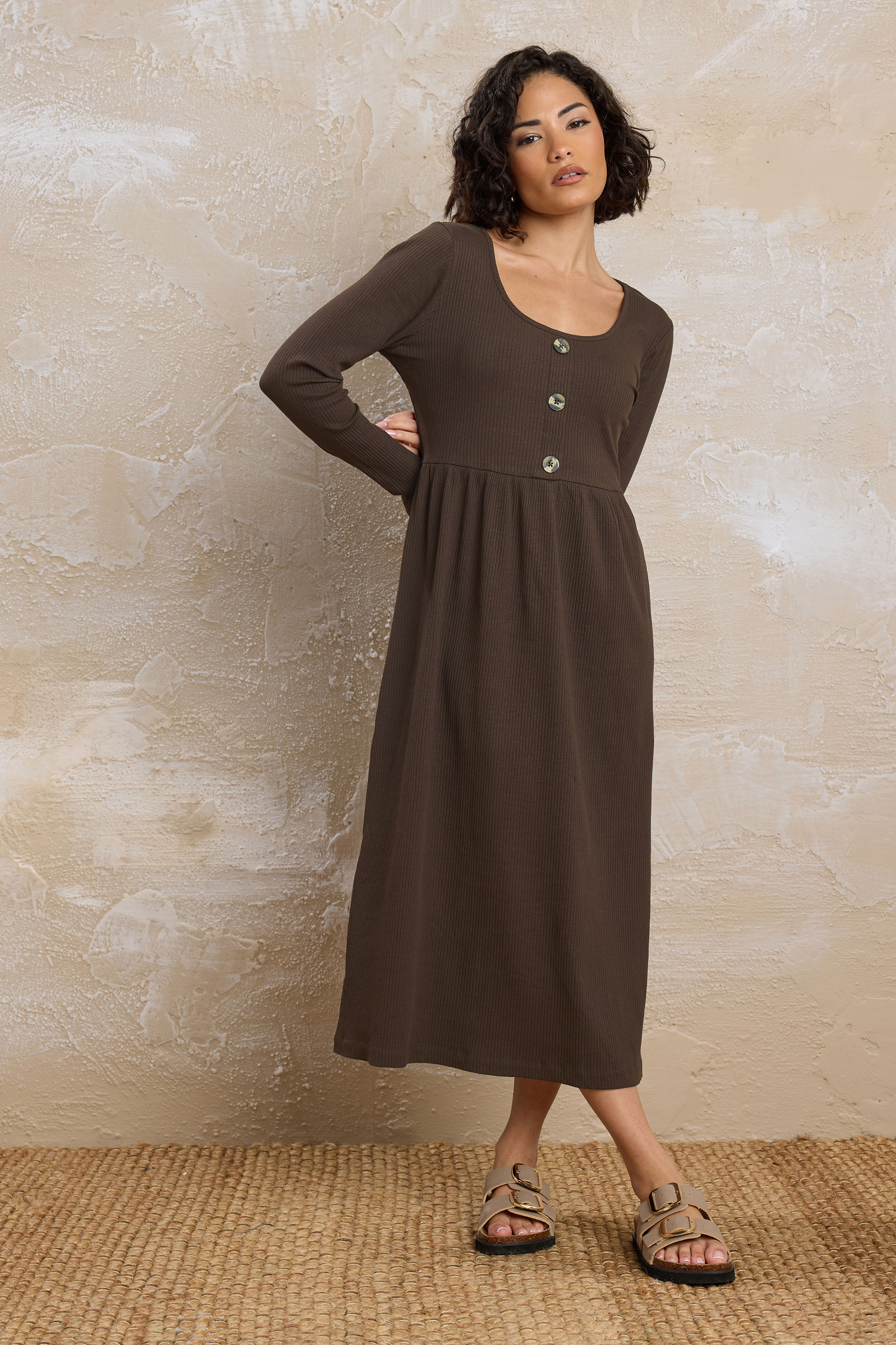 PixieGirl Petite Women's Chocolate Brown Ribbed Button Midaxi Dress | PixieGirl 1