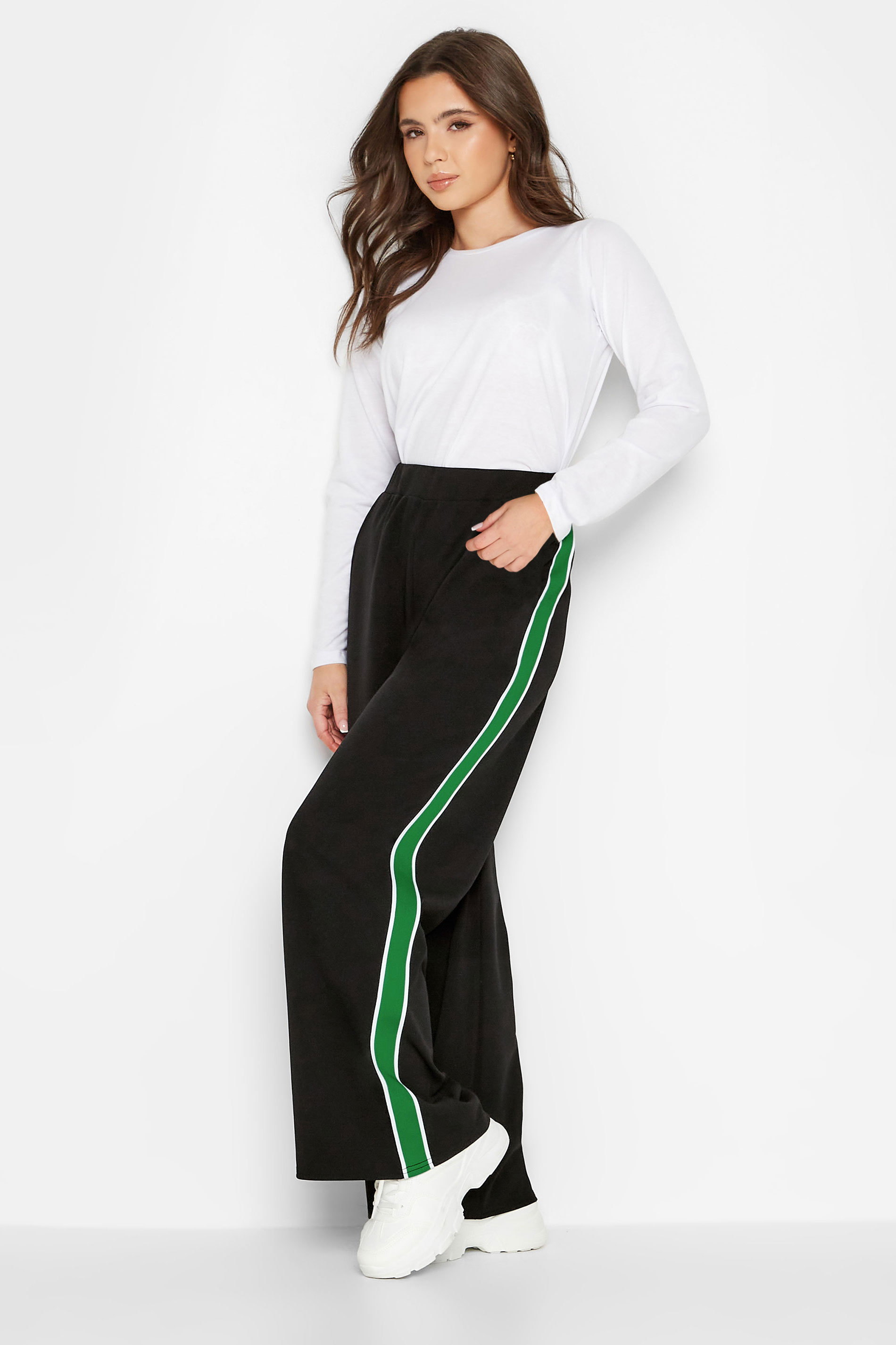 LTS Tall Black & Khaki Green Stripe Wide Leg Trousers | Long Tall Sally