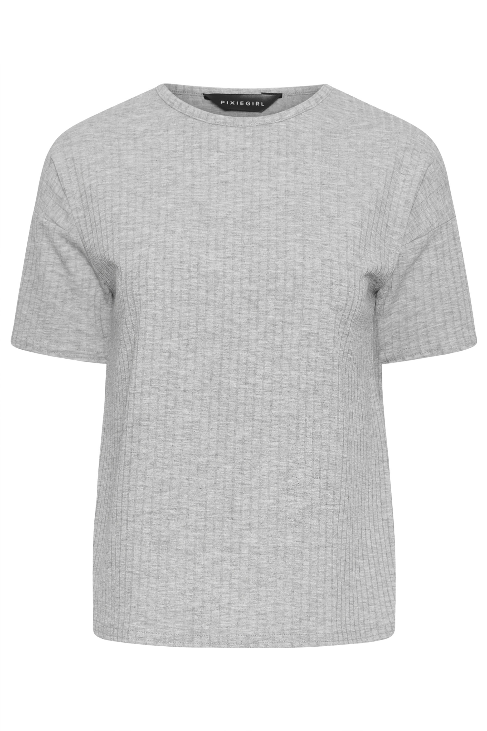 PixieGirl Petite Womens Light Grey Ribbed Boxy T-Shirt | PixieGirl 5