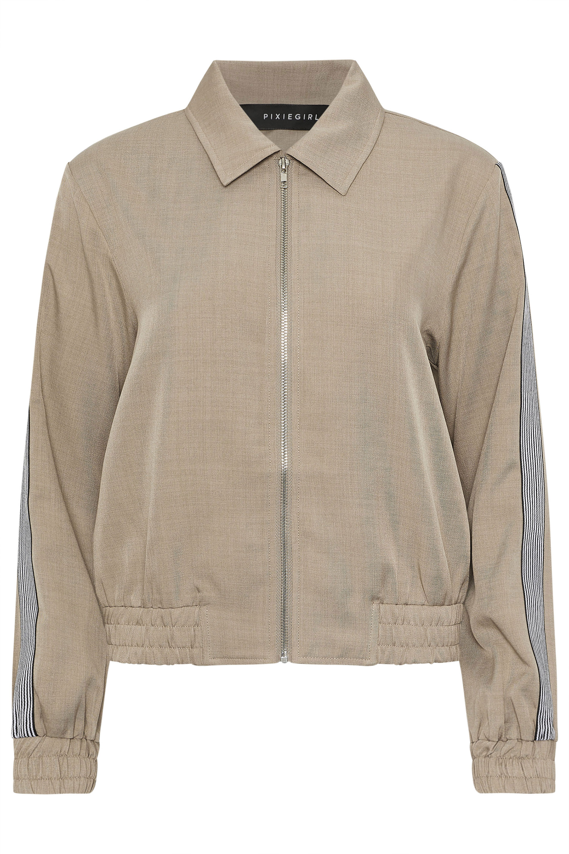PixieGirl Petite Women's Beige Brown Striped Collar Bomber Jacket | PixieGirl 6