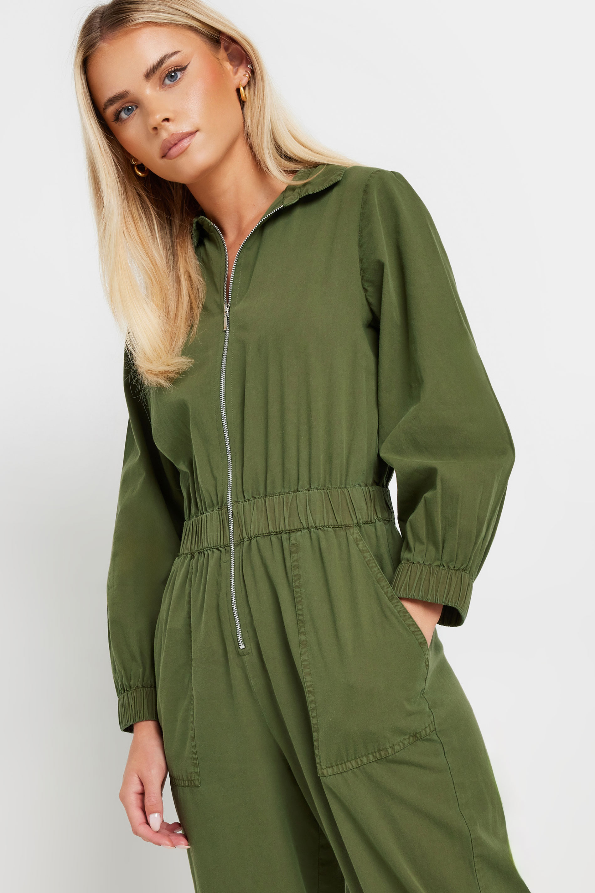 PixieGirl Petite Women's Khaki Green Zip Front Jumpsuit | PixieGirl 5