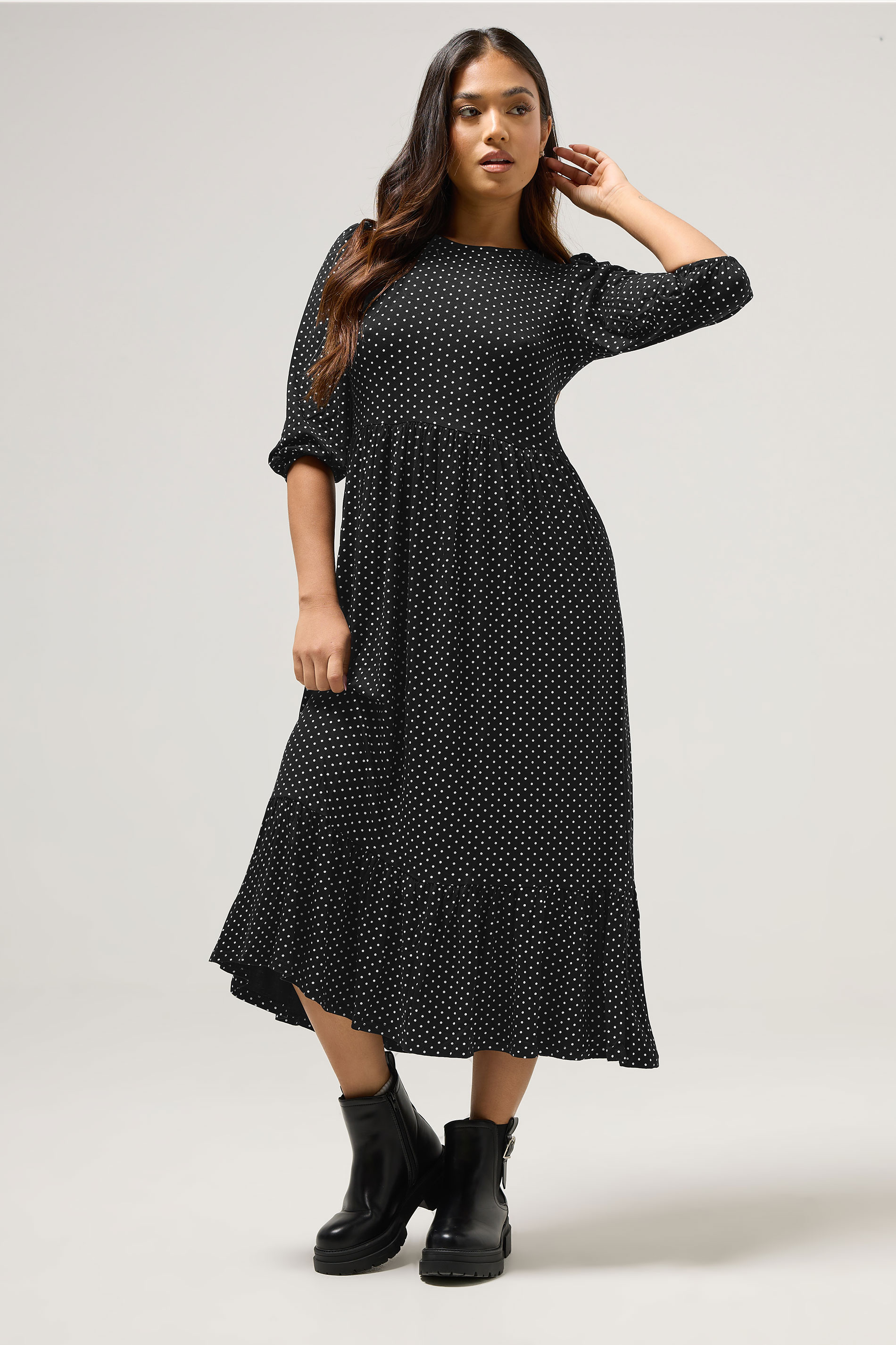 PixieGirl Petite Women's Black Spot Midi Dress | PixieGirl 1