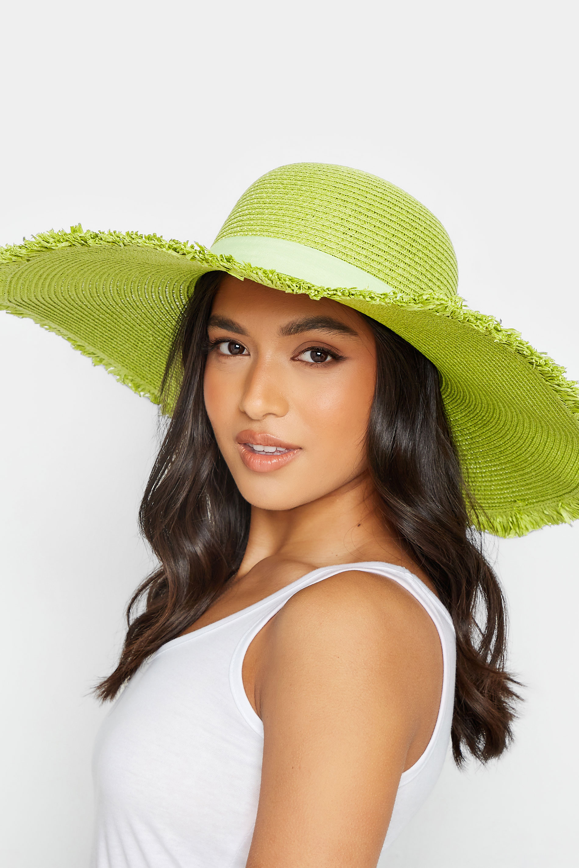Lime Green Frayed Edge Straw Hat | Yours Clothing  1