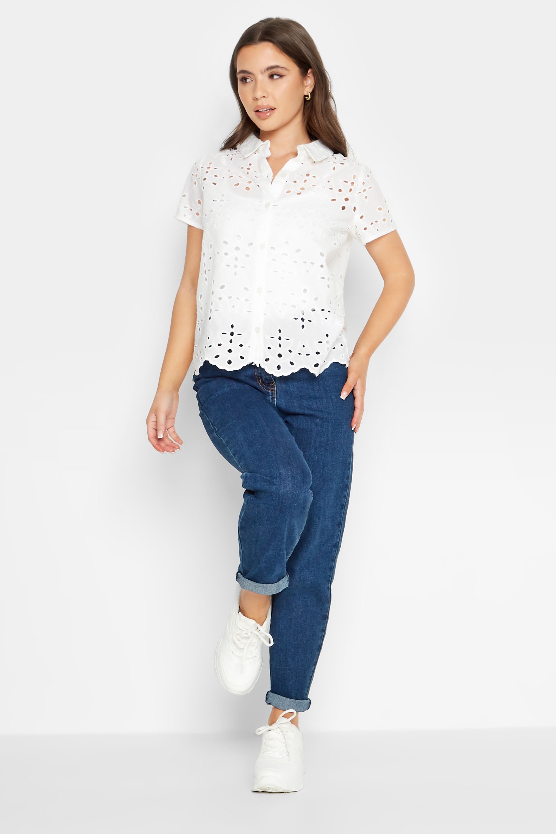 Petite White Broderie Short Sleeve Shirt | PixieGirl 2