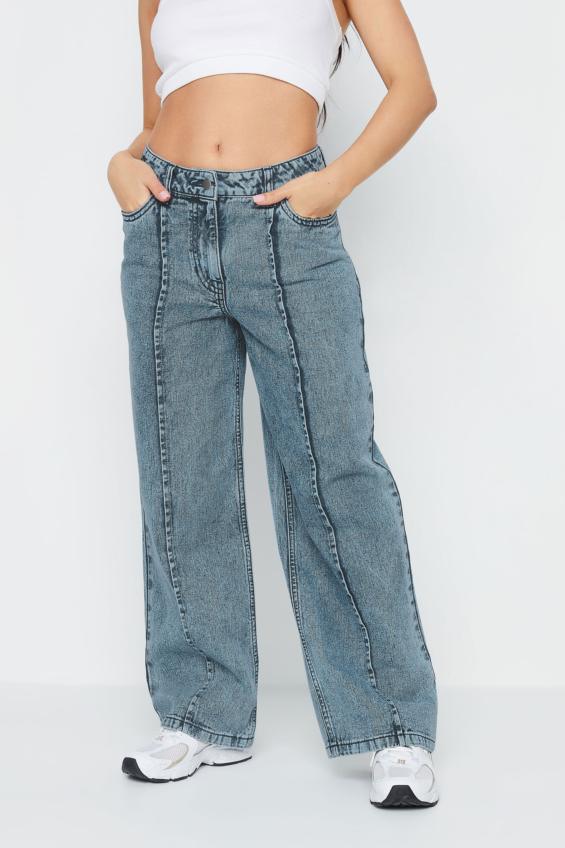 PixieGirl Petite Women's Blue Seam Front Wide Leg Jeans | PixieGirl 2