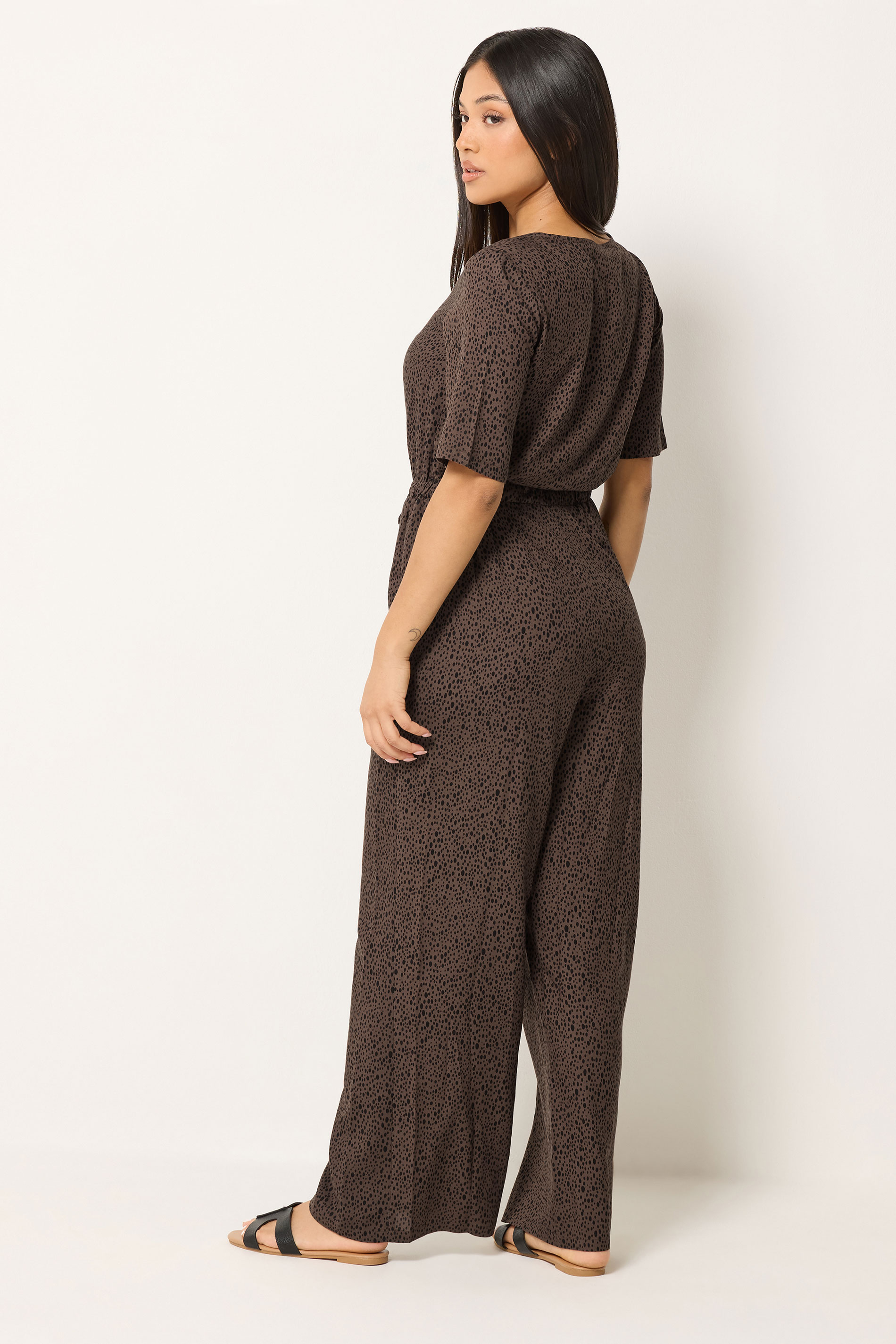 M&Co Petite Brown Spot Print Short Sleeve Jumpsuit | M&Co 2