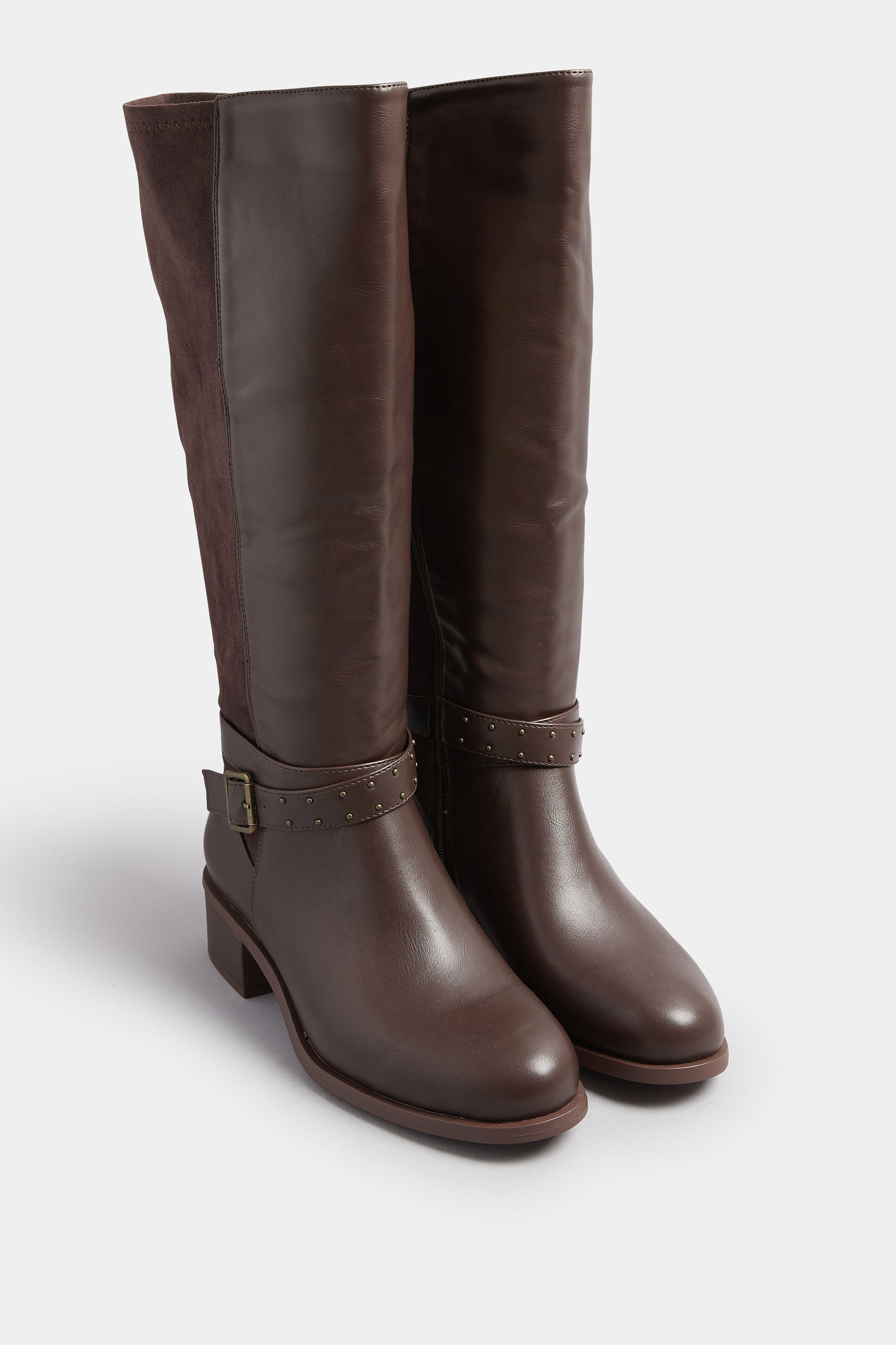 Chocolate Brown Faux Leather Buckle Strap Knee High Boots In Extra Wide EEE Fit | Yours Clothing 2