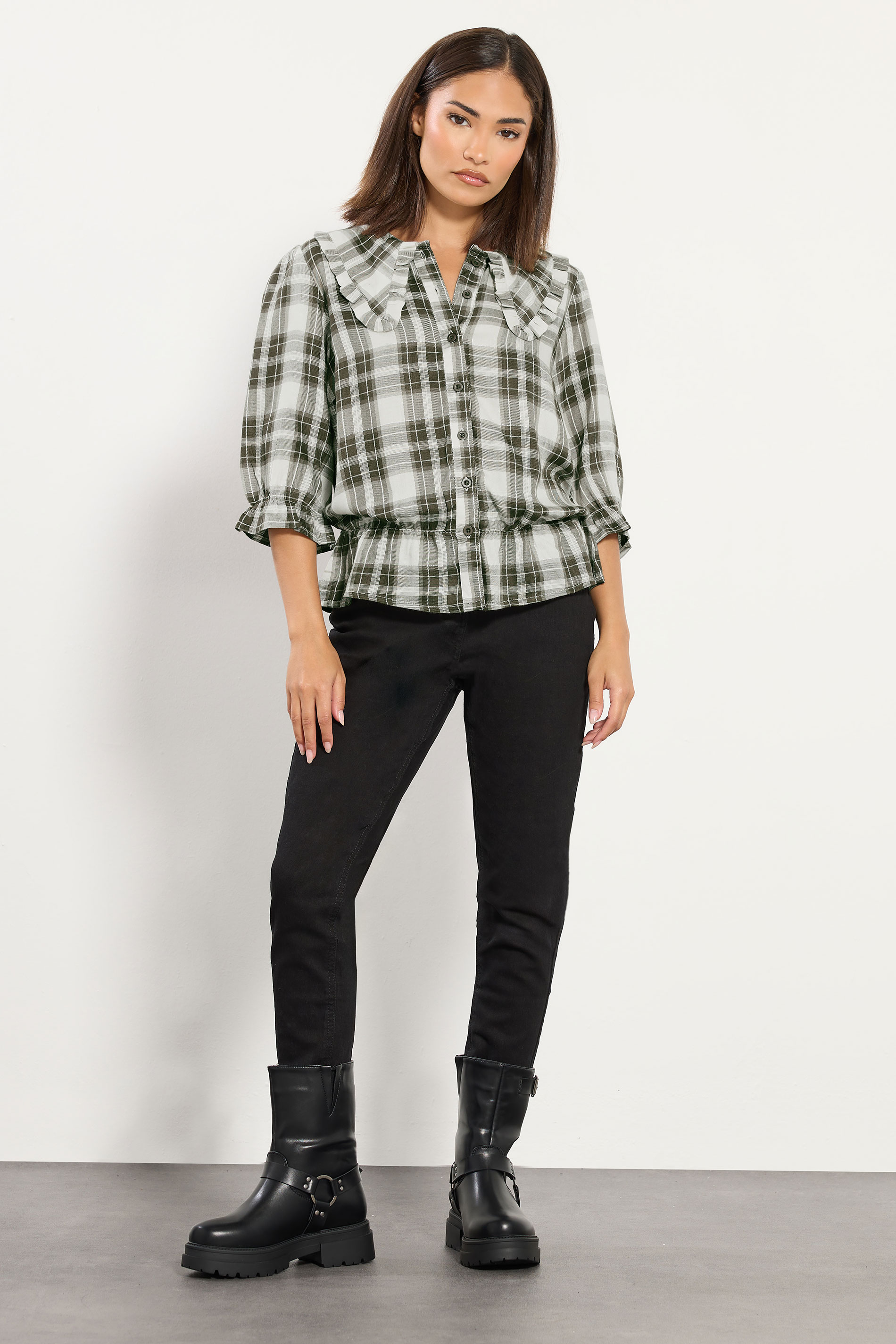 PixieGirl Petite Women's Green Check Collar Smock Top | PixieGirl 3