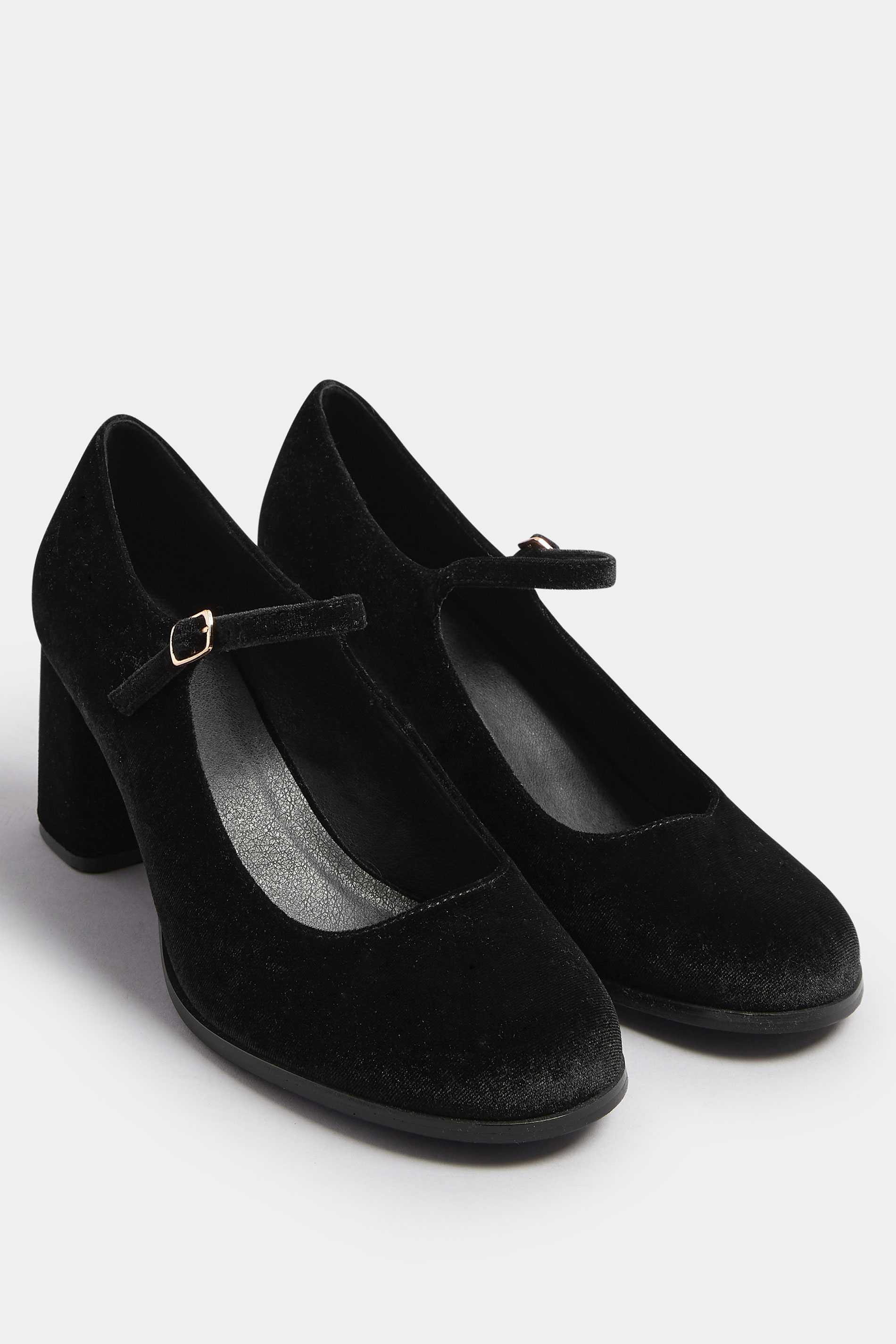 Black Velvet Mary Jane Block Heels In Extra Wide EEE Fit | Yours Clothing 2