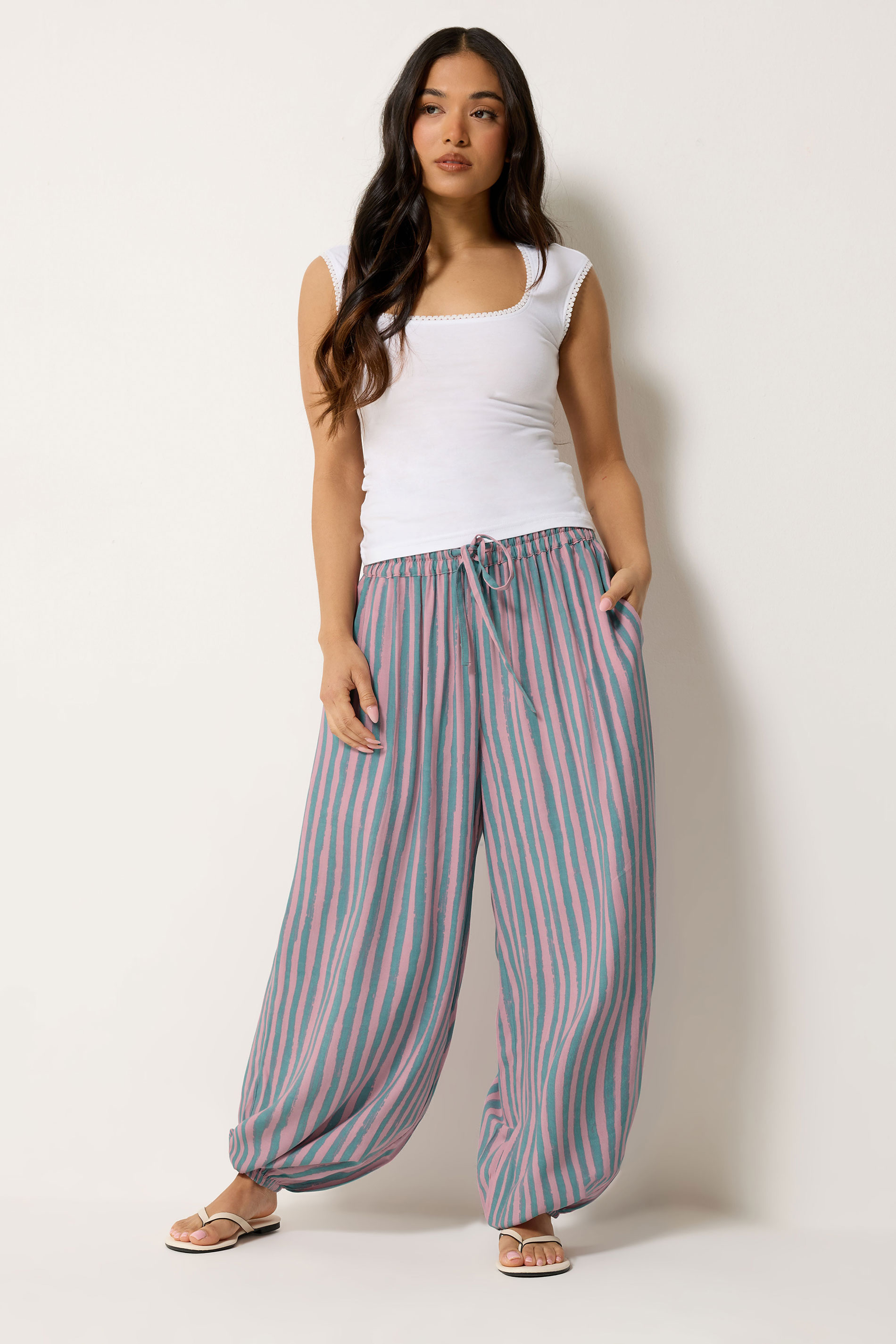 PixieGirl Petite Women's Pink Stripe Balloon Trousers | PixieGirl