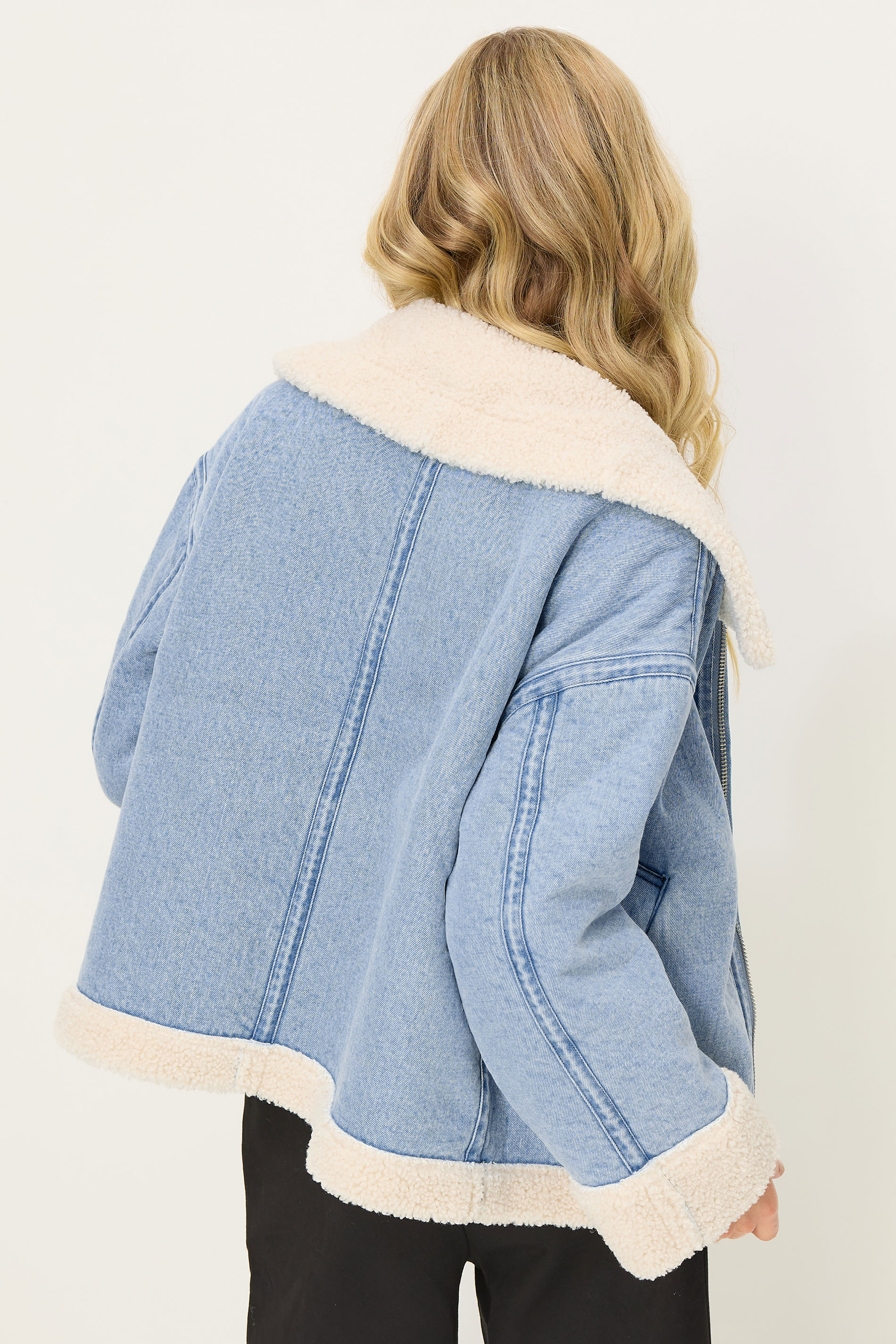PixieGirl Petite Women's Light Blue Denim Borg Zip Jacket | PixieGirl 3