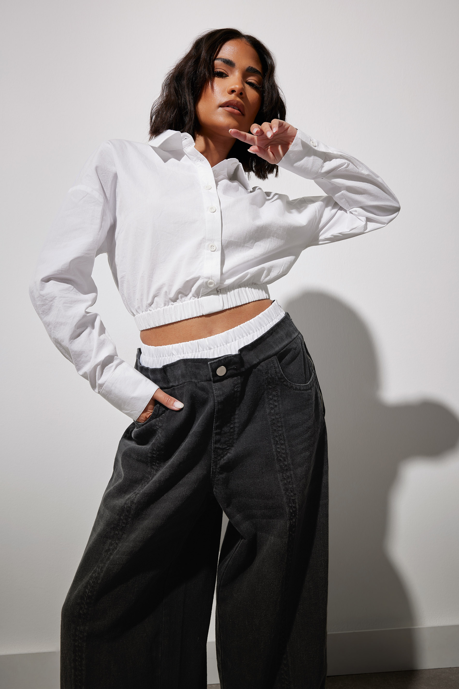 PixieGirl Petite Women's White Cotton Elasticated Hem Shirt | PixieGirl 1