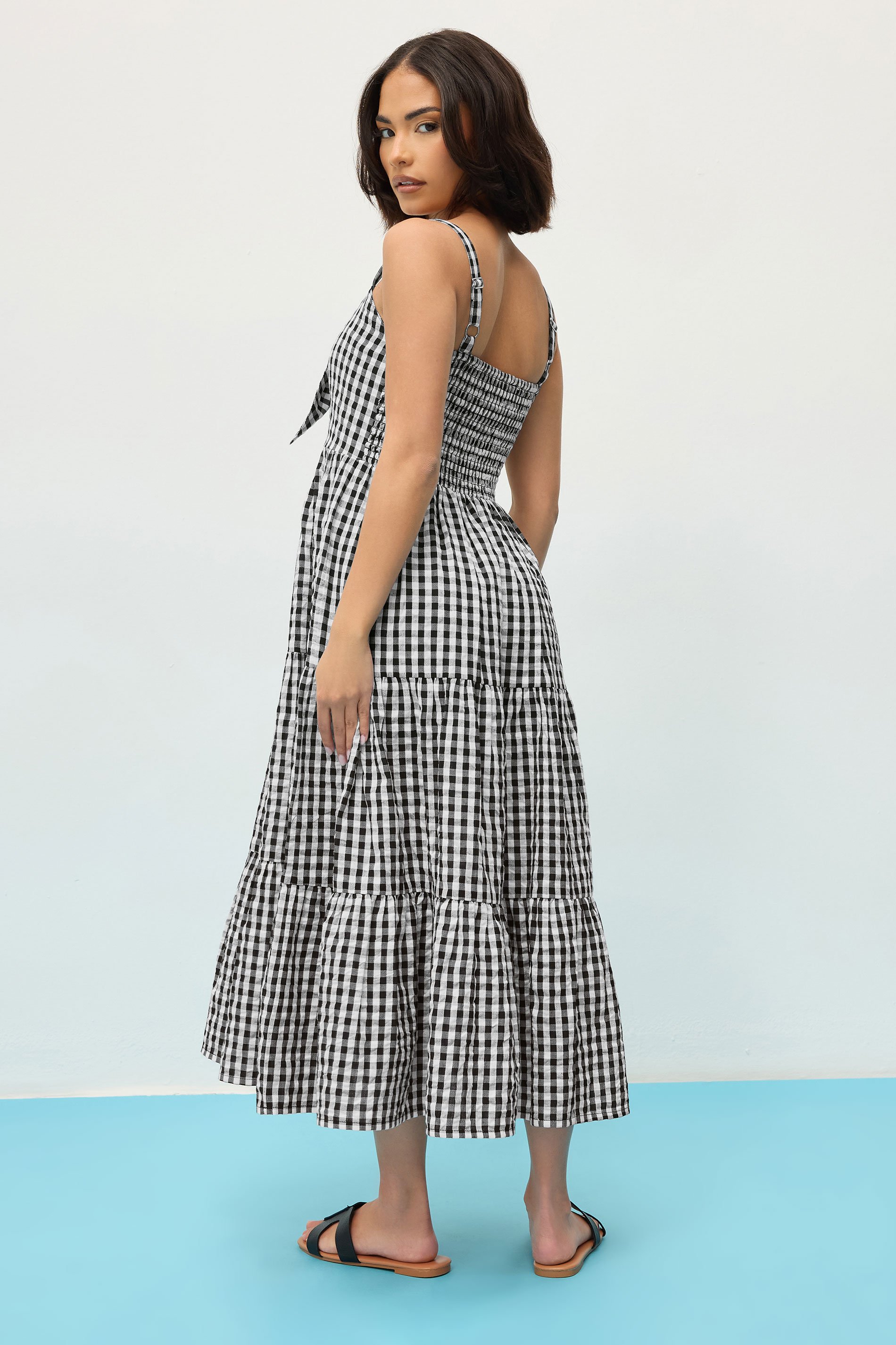 PixieGirl Petite Women's Black Gingham Tie Front Midaxi Dress | PixieGirl 3