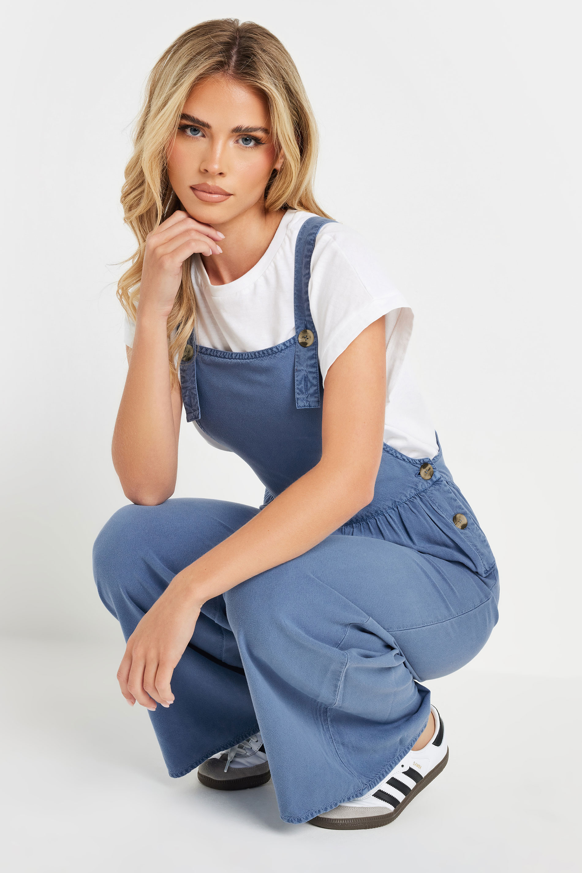 PixieGirl Petite Women's Blue Acid Wash Wide Leg Dungarees | PixieGirl 1