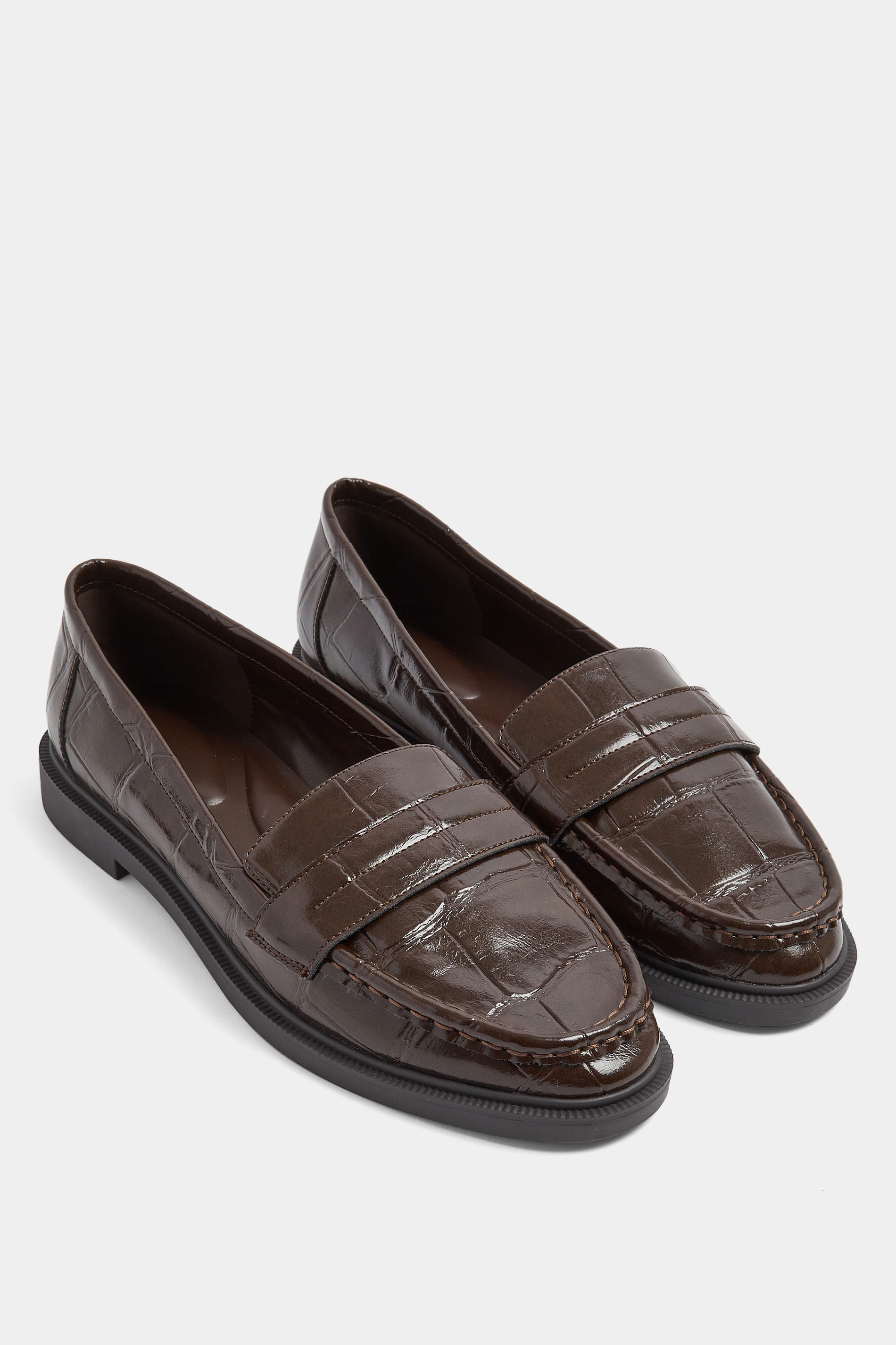 Chocolate Brown Croc Embossed Loafers In Wide E Fit | Yours Clothing 3