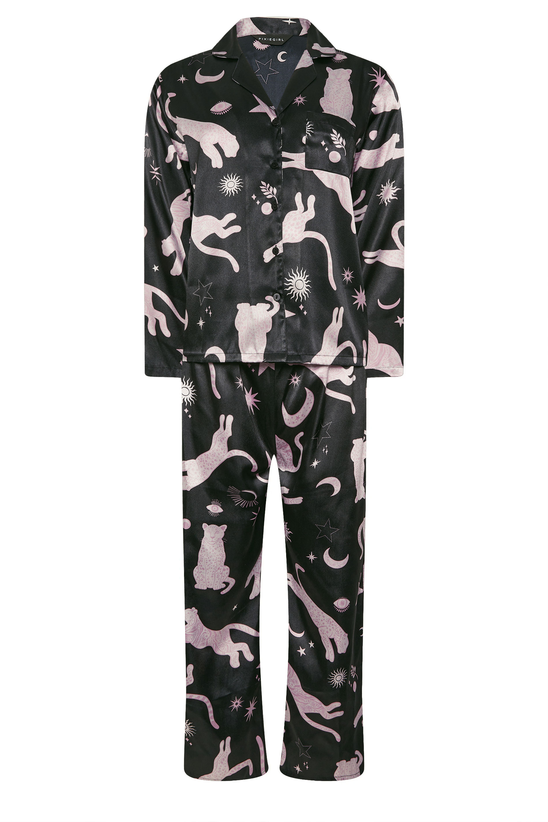 PixieGirl Petite Women's Black Graphic Satin Button Pyjama Set | PixieGirl 5