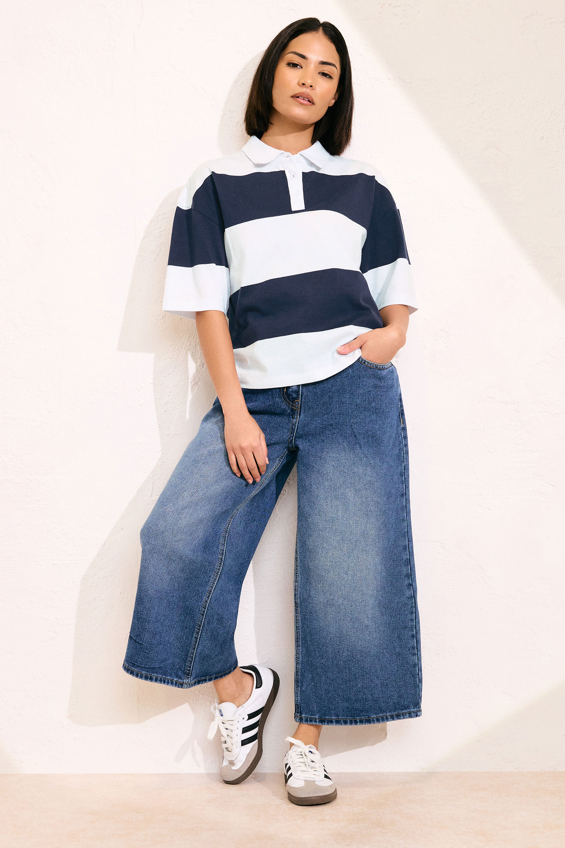 PixieGirl Petite Women's Navy Blue Cotton Striped Rugby Collar T-Shirt | PixieGirl 3