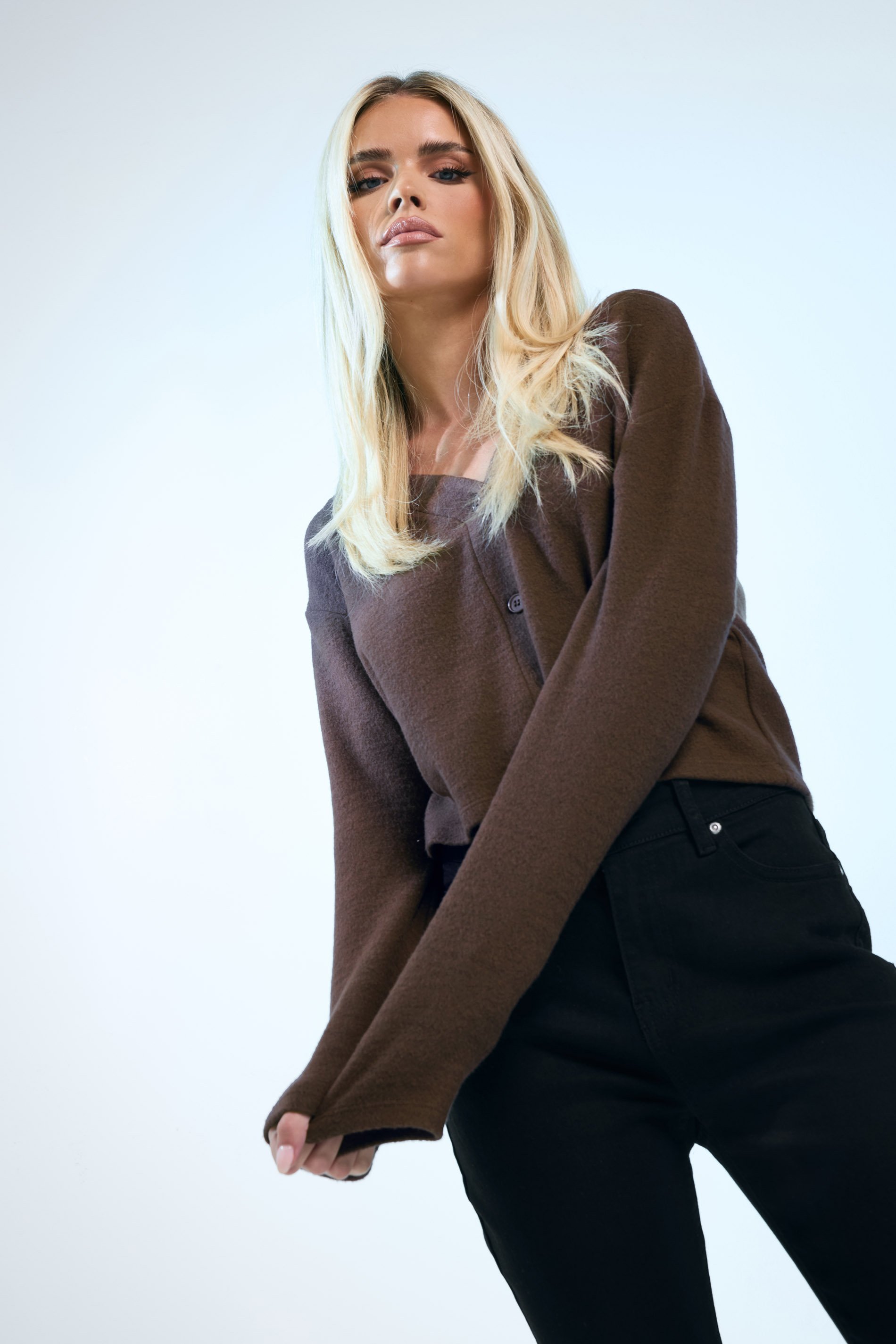 PixieGirl Petite Women's Chocolate Brown Long Sleeve Cropped Cardigan | PixieGirl 2