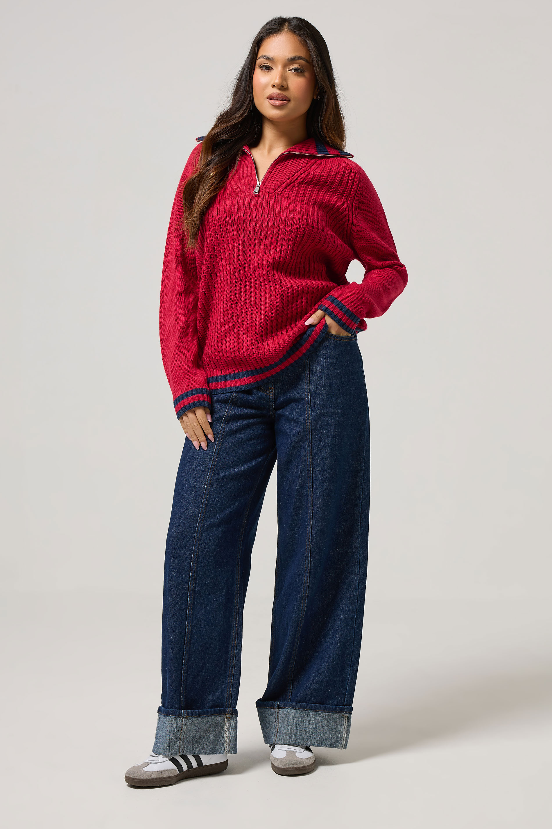 PixieGirl Petite Women's Red Knitted Stripe Quarter Zip Jumper | PixieGirl 3