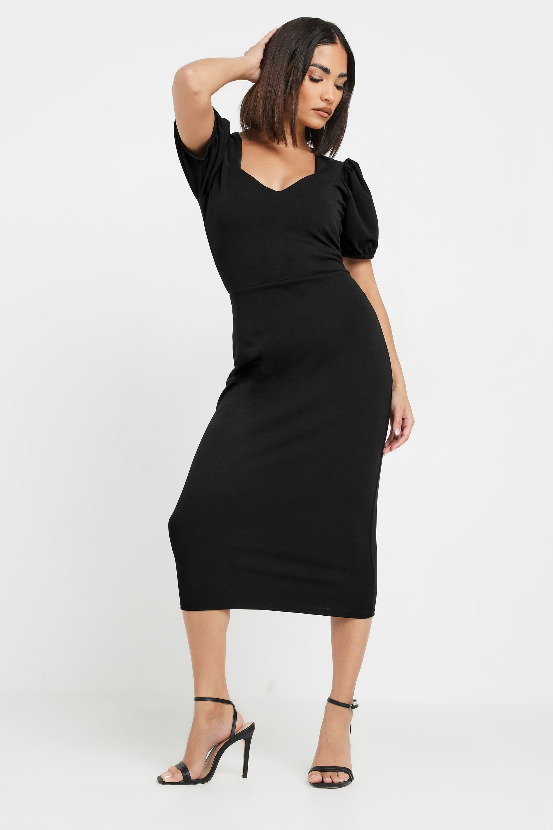 PixieGirl Petite Women's Black Puff Sleeve Midi Dress | PixieGirl 3