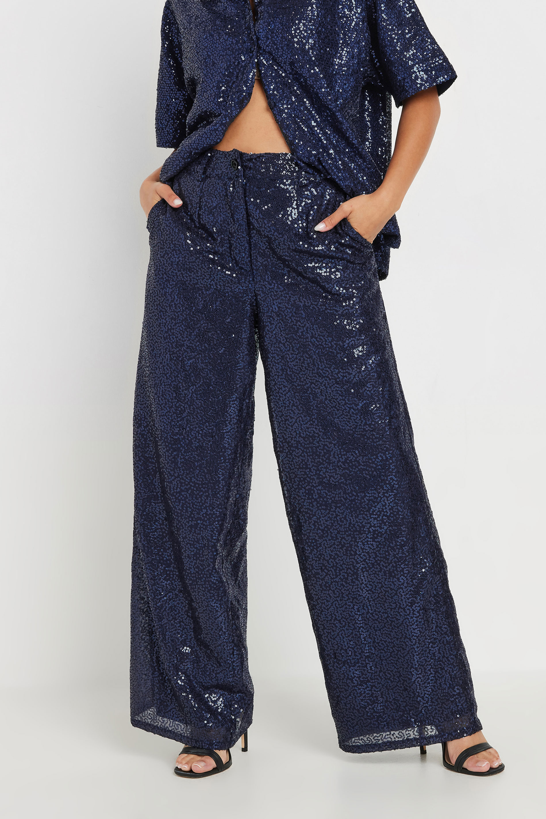 PixieGirl Petite Women's Navy Blue Sequin Embellished Wide Leg Trousers | PixieGirl 4