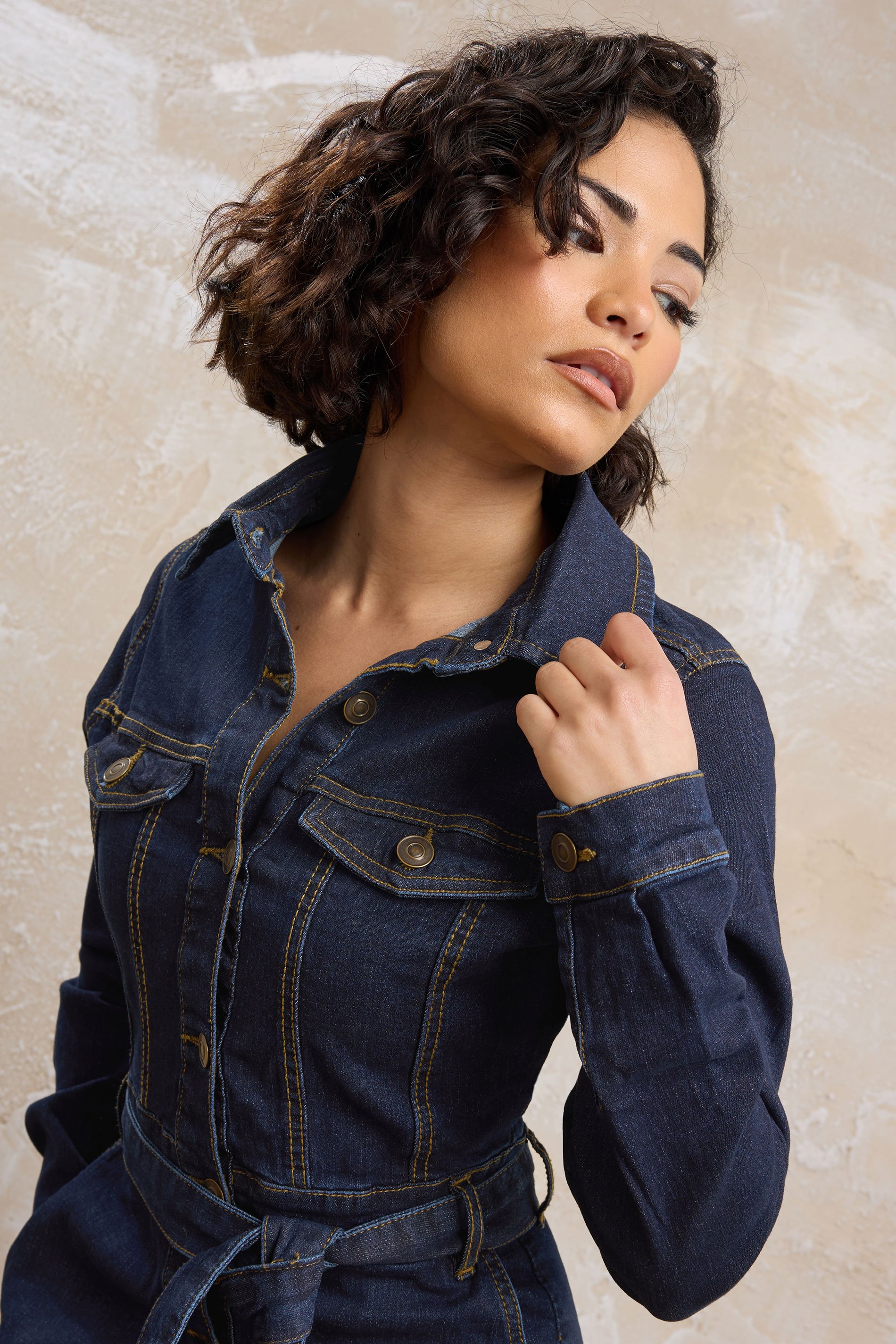 PixieGirl Petite Women's Indigo Blue Denim Tie Waist Midi Dress | PixieGirl 2