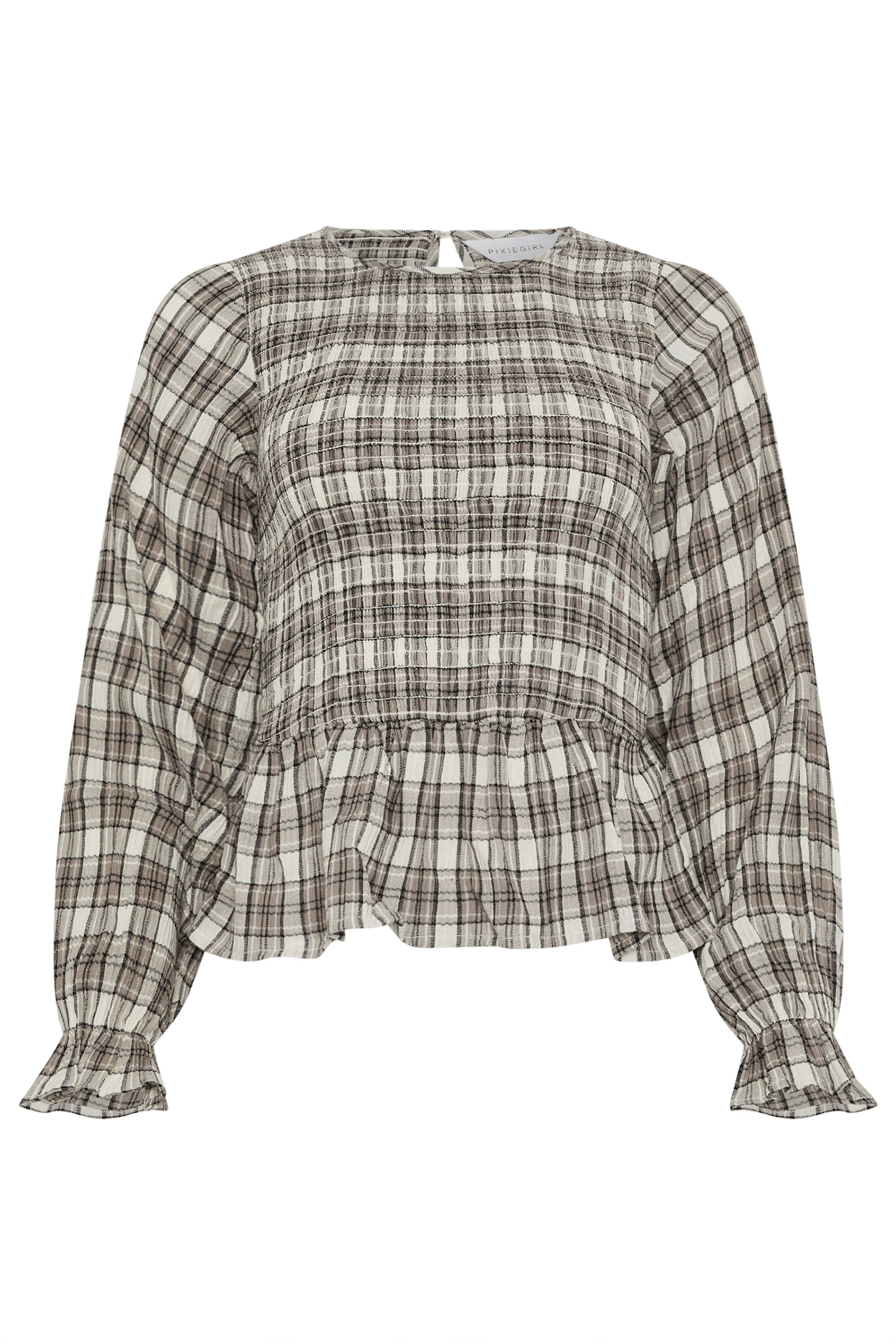 PixieGirl Petite Women's Brown Check Shirred Long Sleeve Top | PixieGirl 7