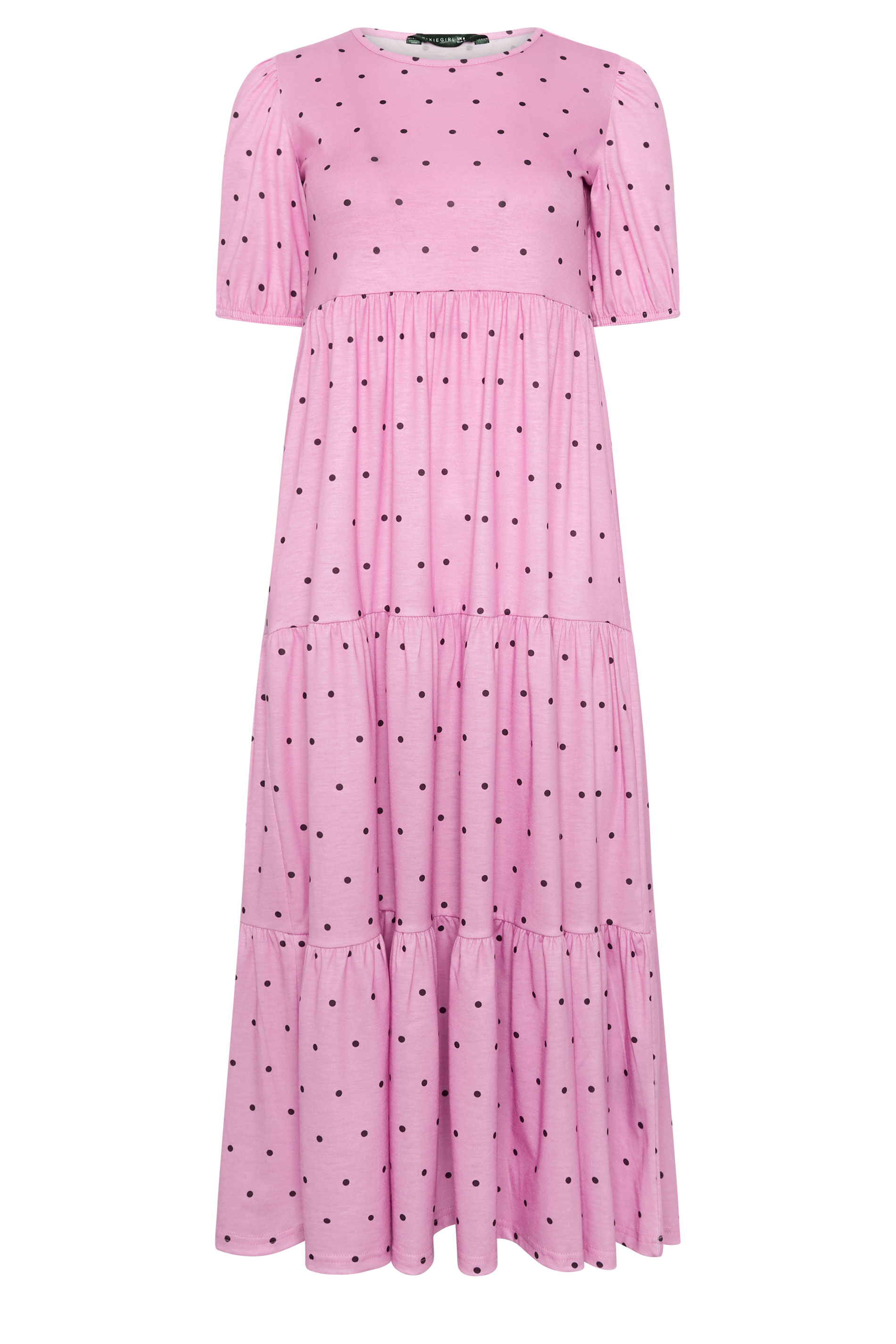 PixieGirl Petite Women's Pink Polka Dot Tiered Maxi Dress | PixieGirl