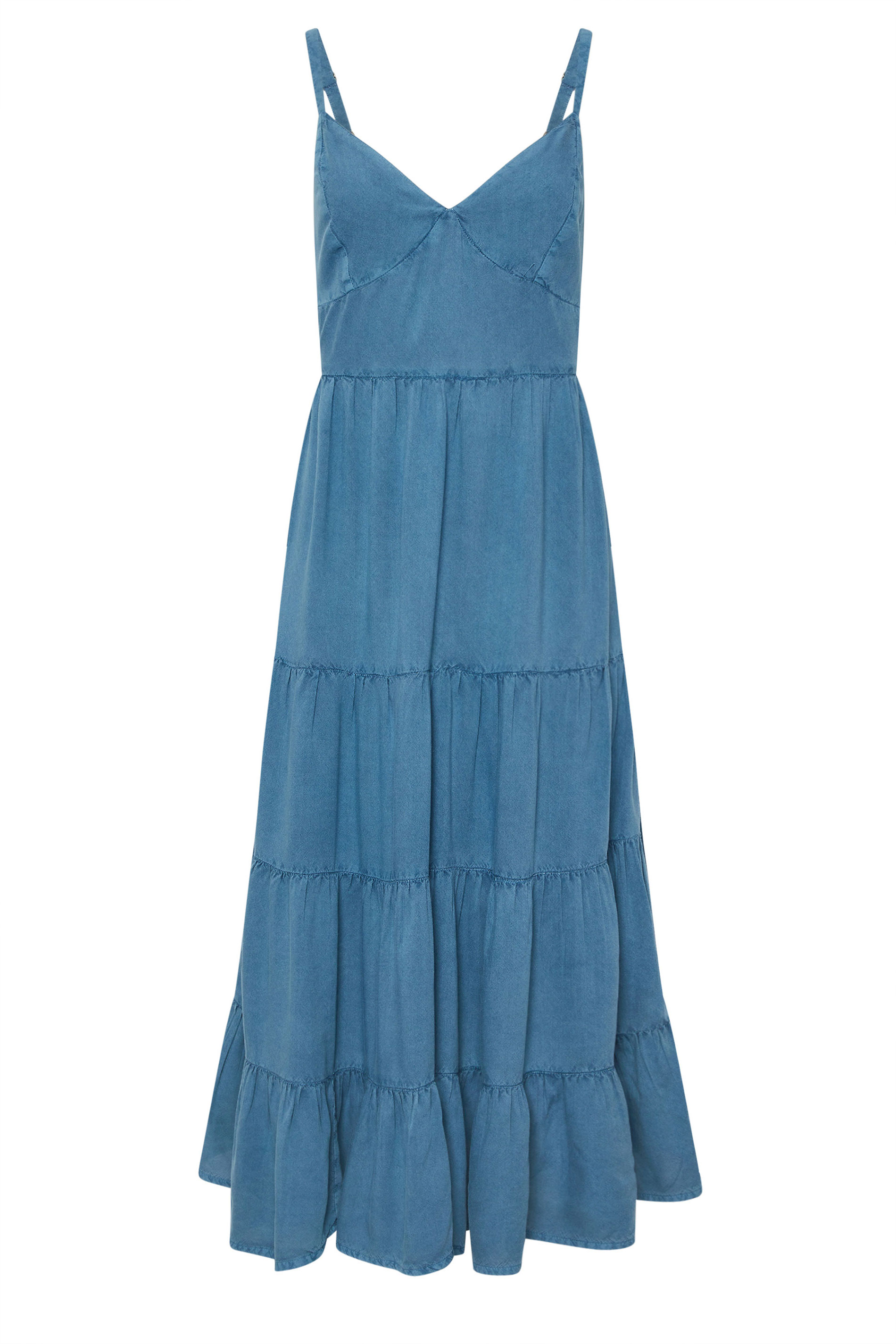 PixieGirl Petite Women's Blue Acid Wash Tie Back Tiered Dress | PixieGirl 6