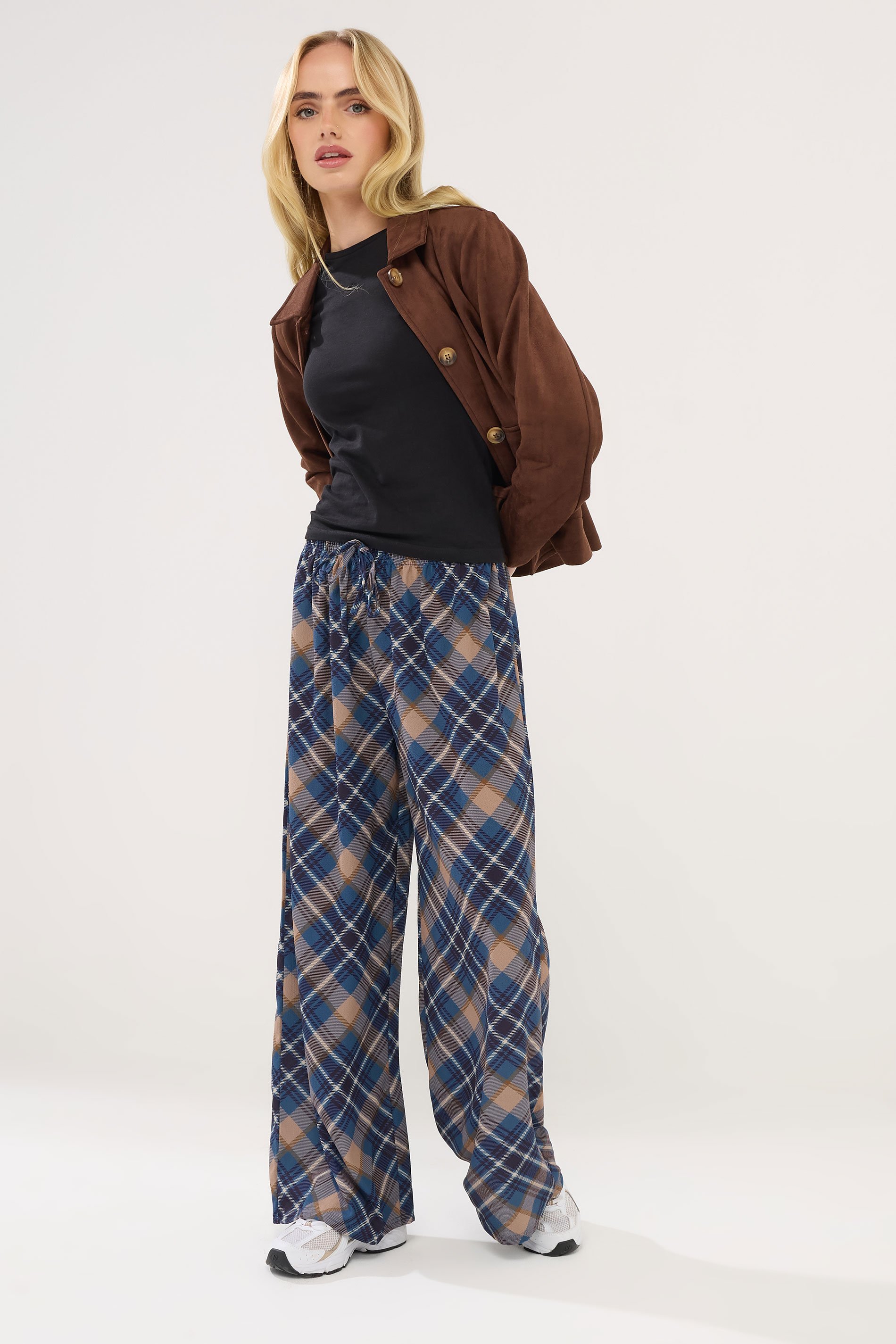 PixieGirl Petite Womens Navy Blue Check Wide Leg Trousers | PixieGirl 1