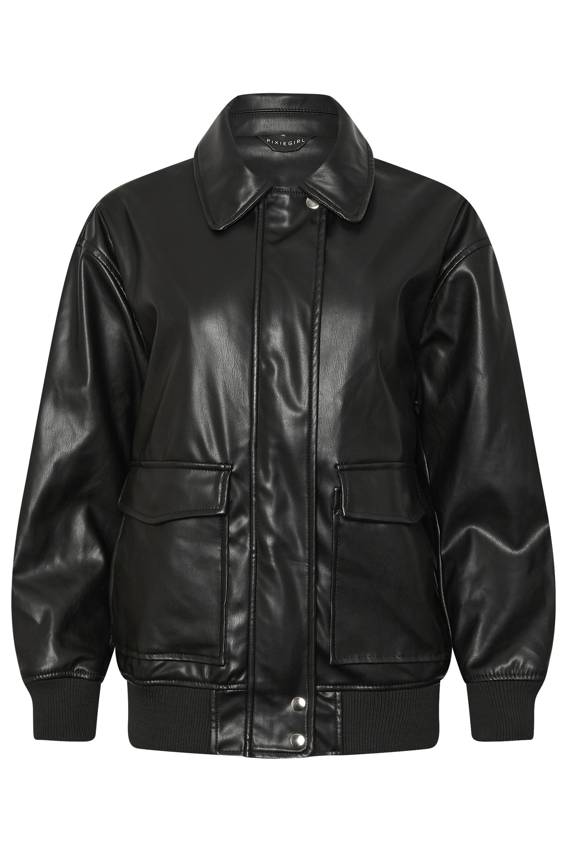 PixieGirl Petite Women's Black Faux Leather Pocket Trucker Jacket | PixieGirl 7