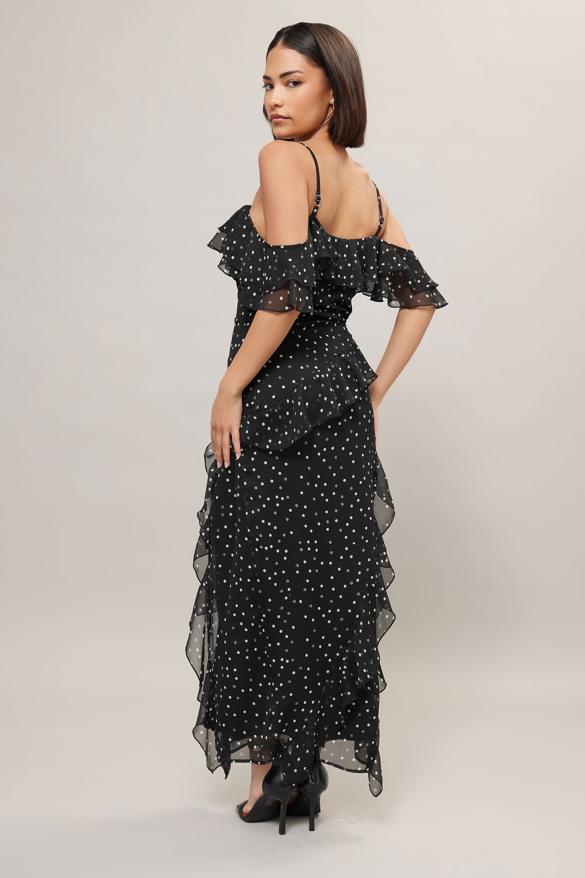 PixieGirl Petite Women's Black Chiffon Spot Ruffle Maxi Dress | PixieGirl 4