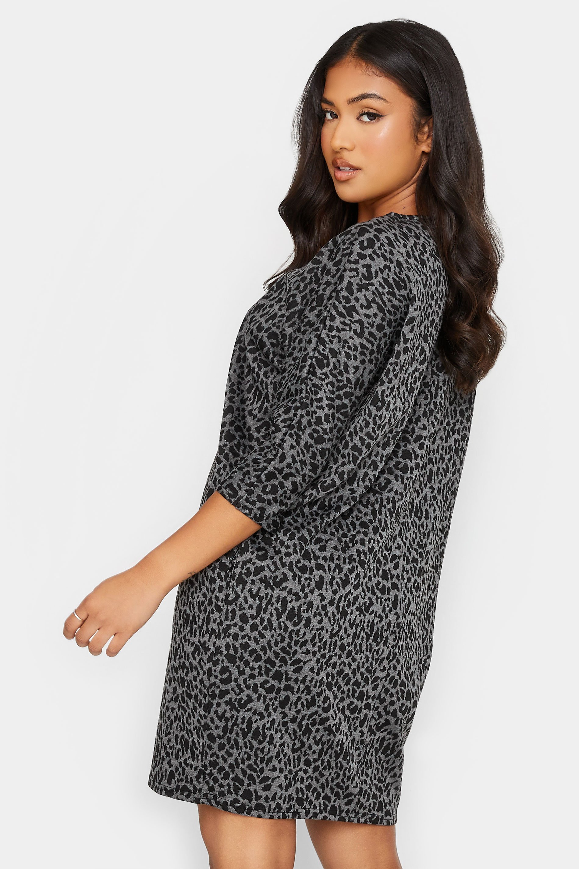 Petite Grey & Black Leopard Print Tunic Dress | PixieGirl  3