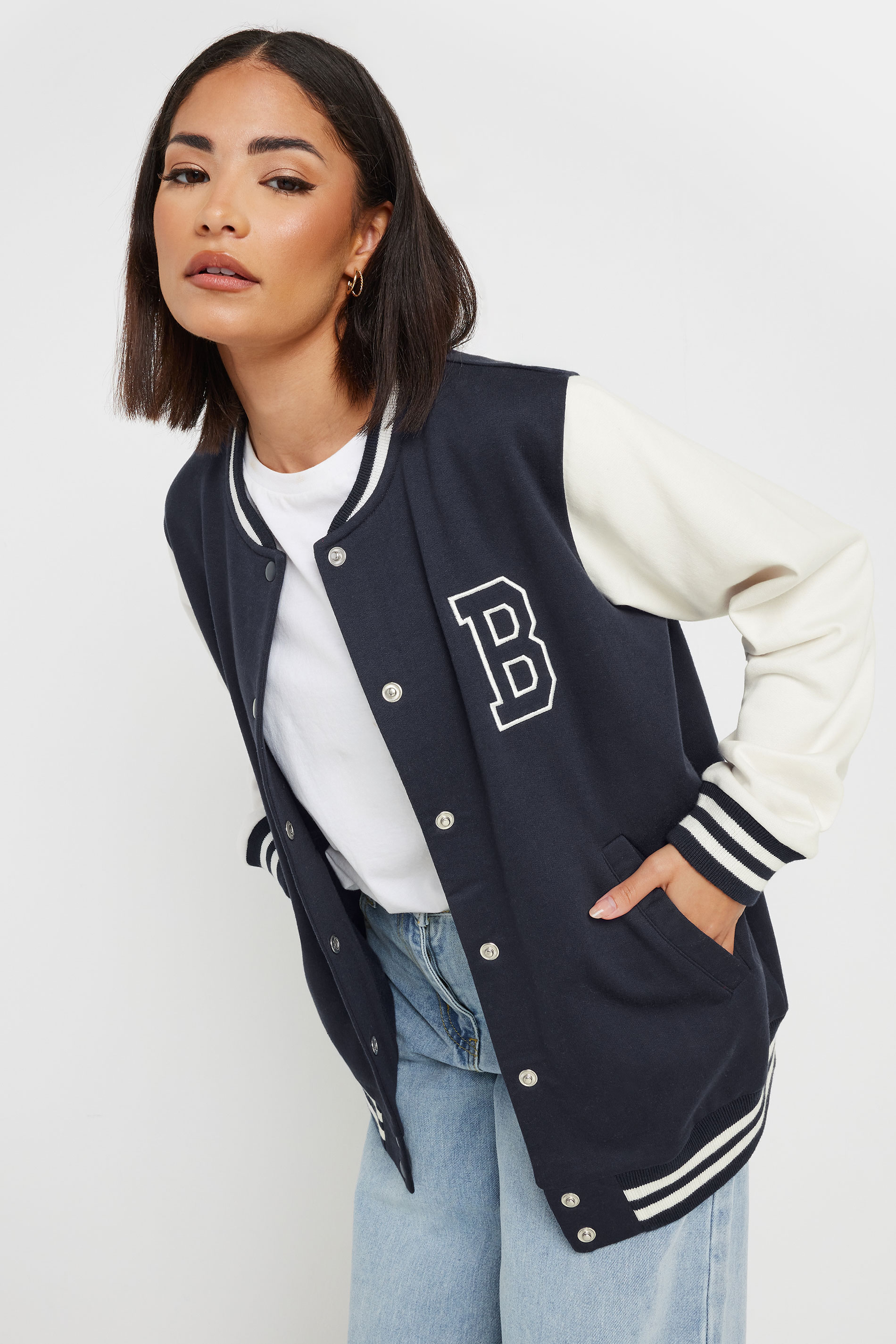 PixieGirl Petite Women's Navy Blue 'Boston' Slogan Varsity Bomber Jacket | PixieGirl 1