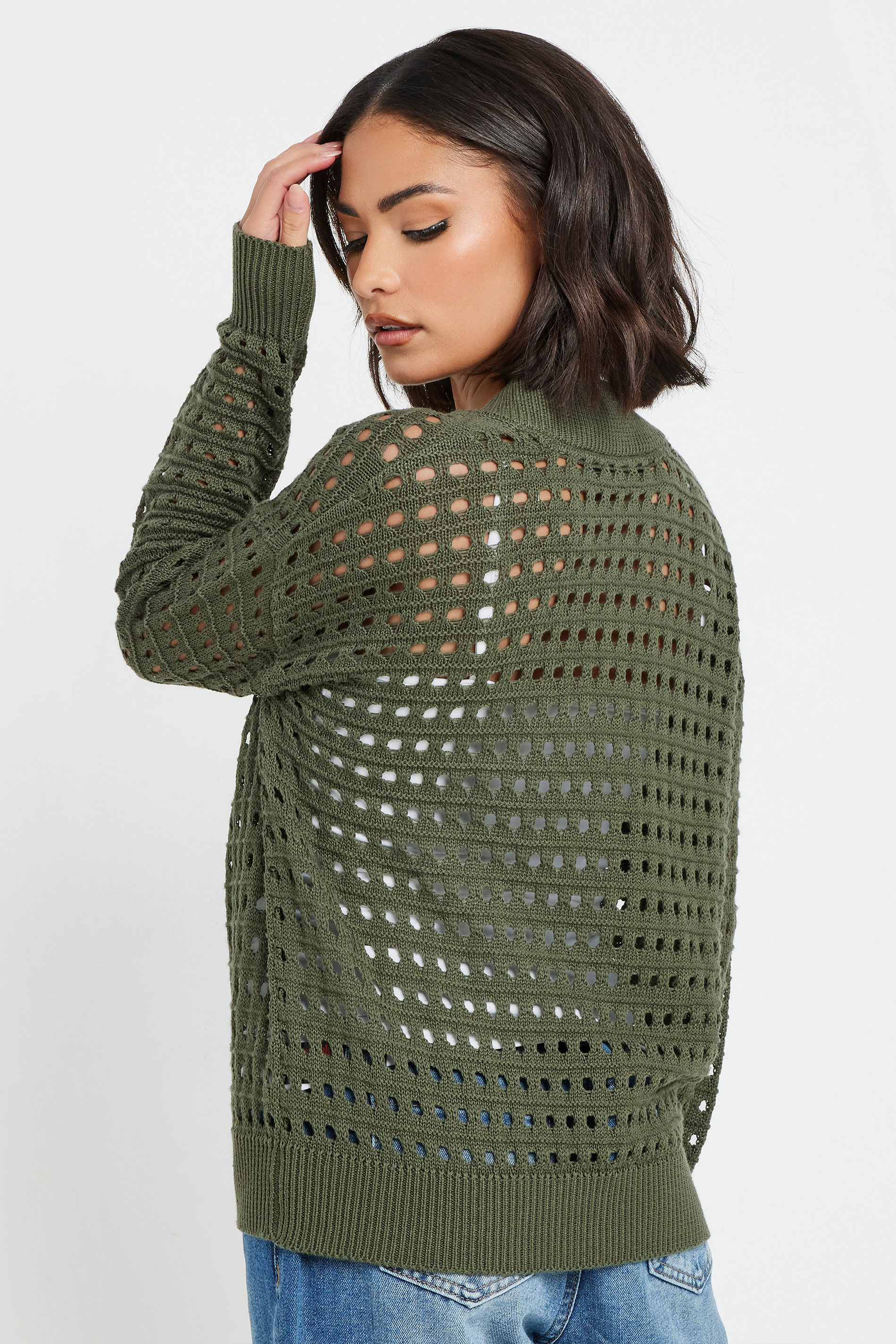 PixieGirl Petite Women's Khaki Green Crochet Knit Bomber Jacket | PixieGirl 3
