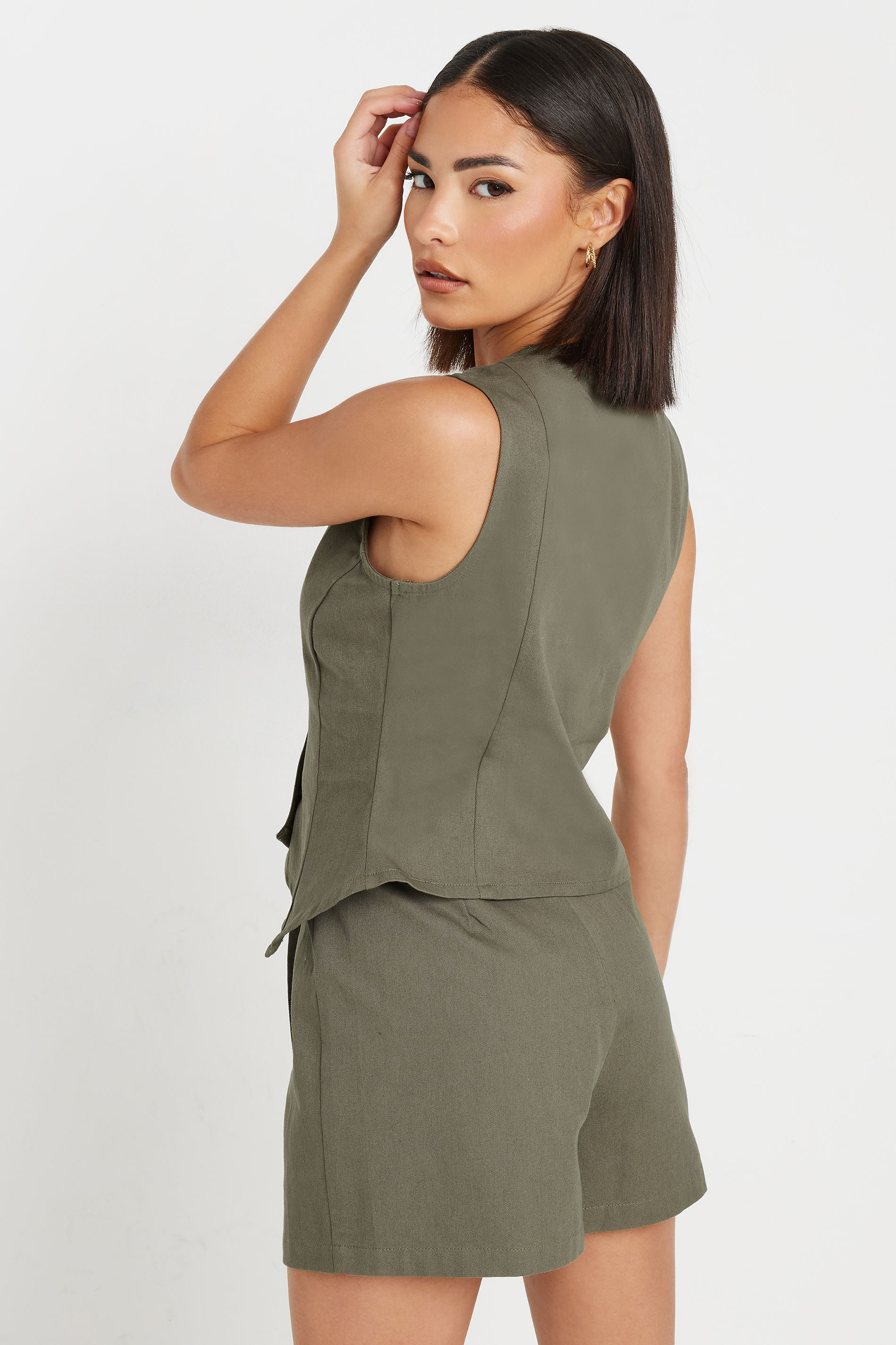 PixieGirl Petite Women's Khaki Green Asymmetric Button Waistcoat | PixieGirl 5