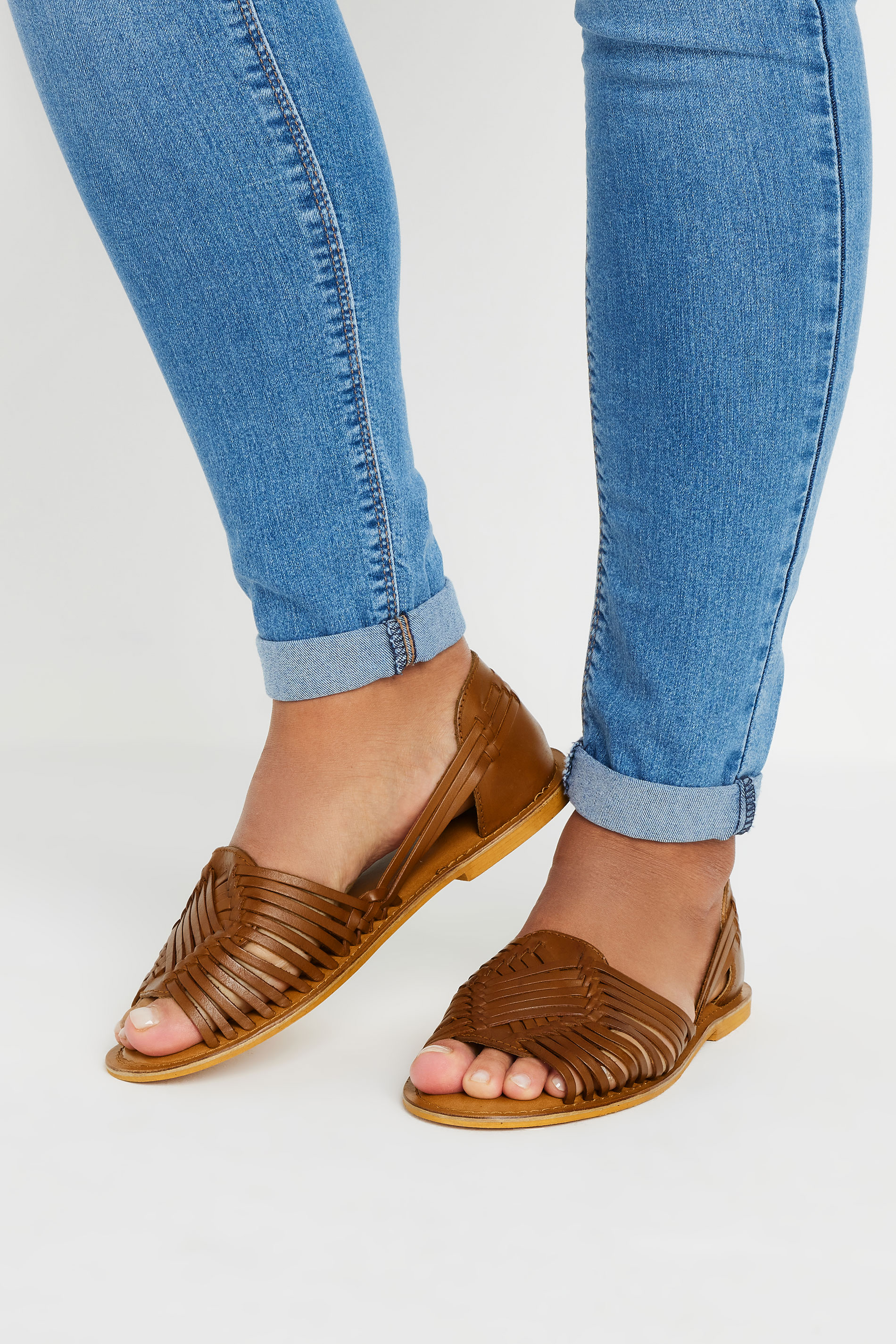 Brown Leather Woven Flat Sandals In Wide E Fit & Extra Wide EEE Fit | Yours Clothing 1