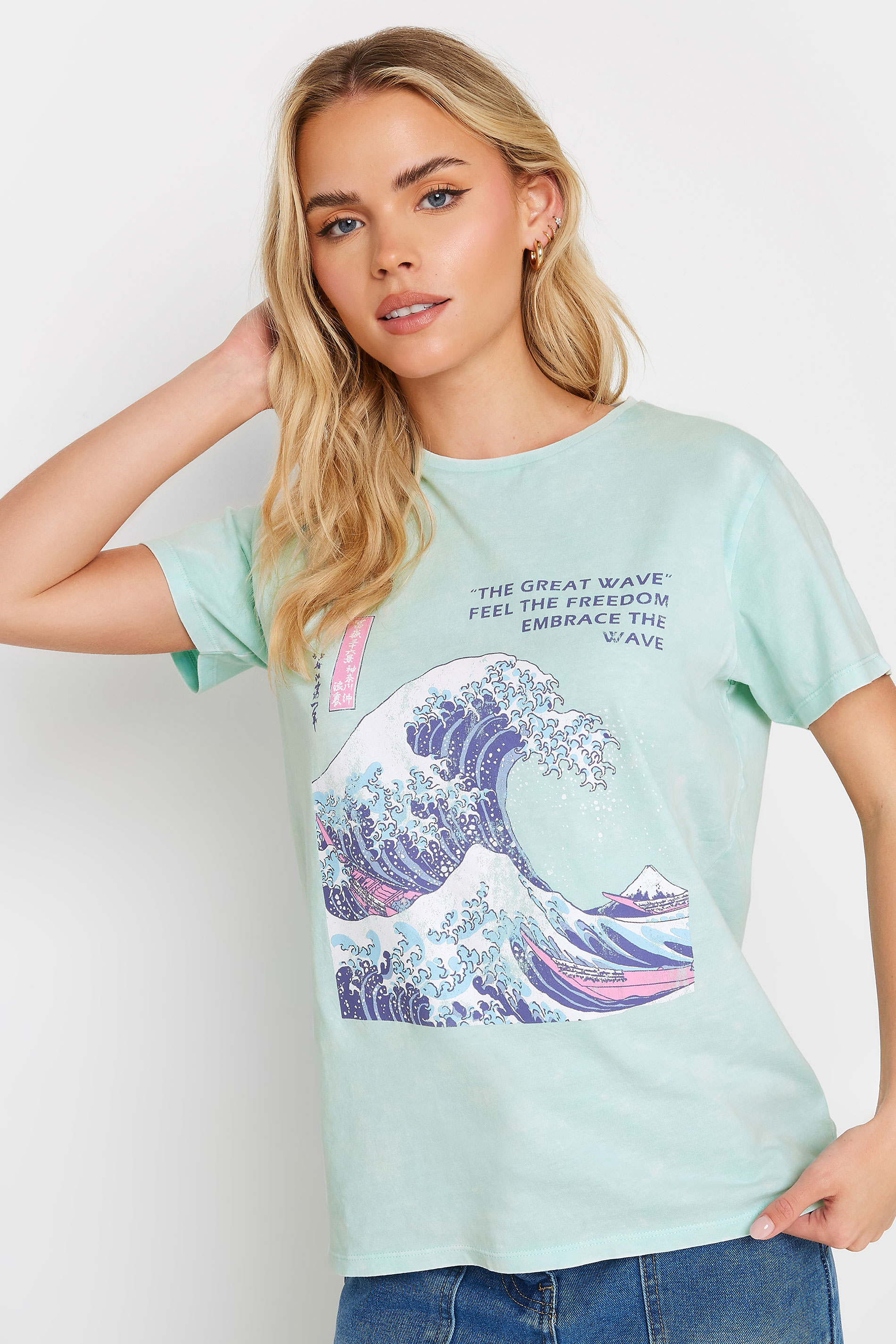 PixieGirl Petite Women's Blue 'The Great Wave' Slogan Printed T-Shirt | PixieGirl 1