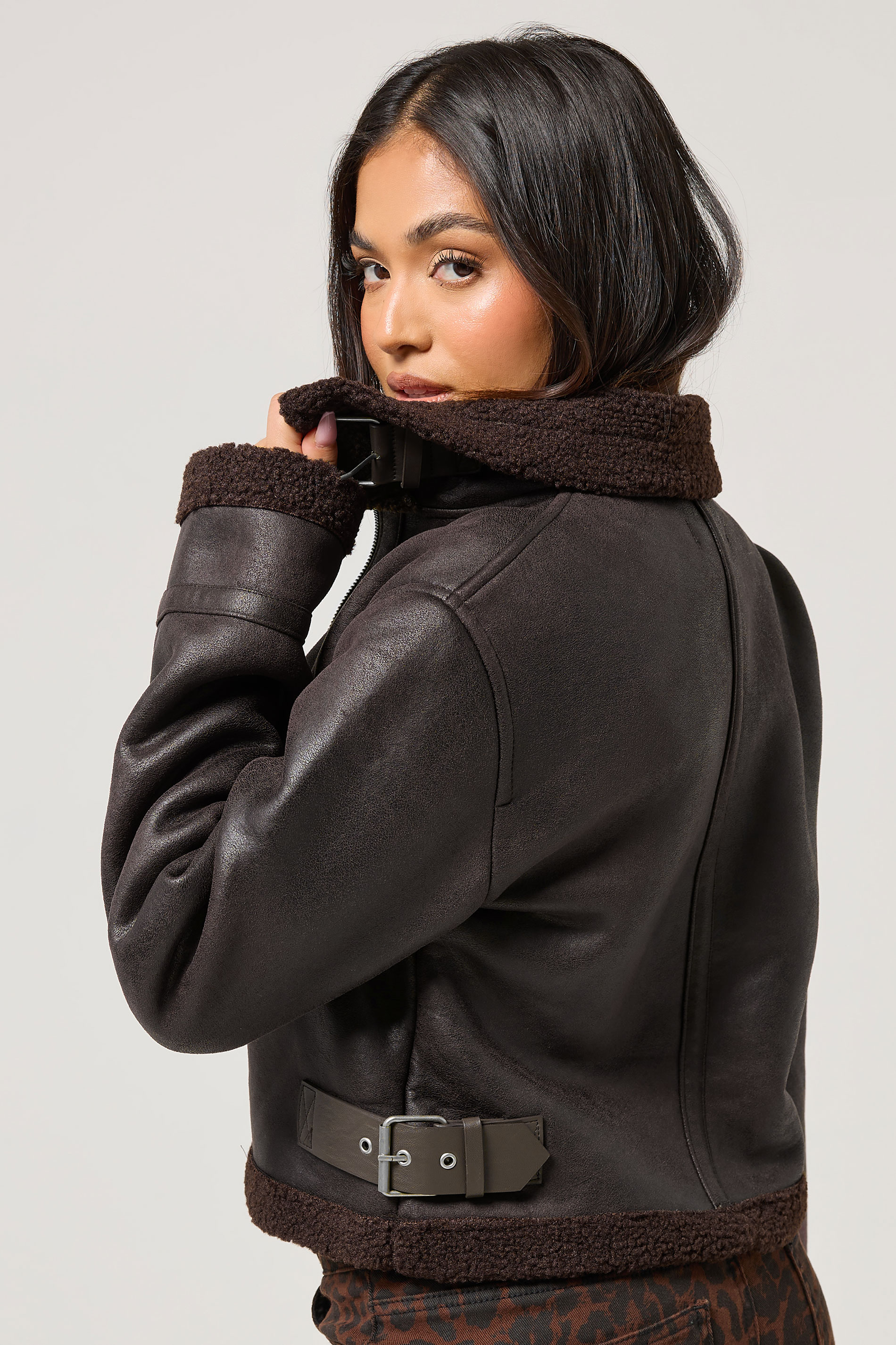 PixieGirl Petite Women's Chocolate Brown Aviator Jacket | PixieGirl 4