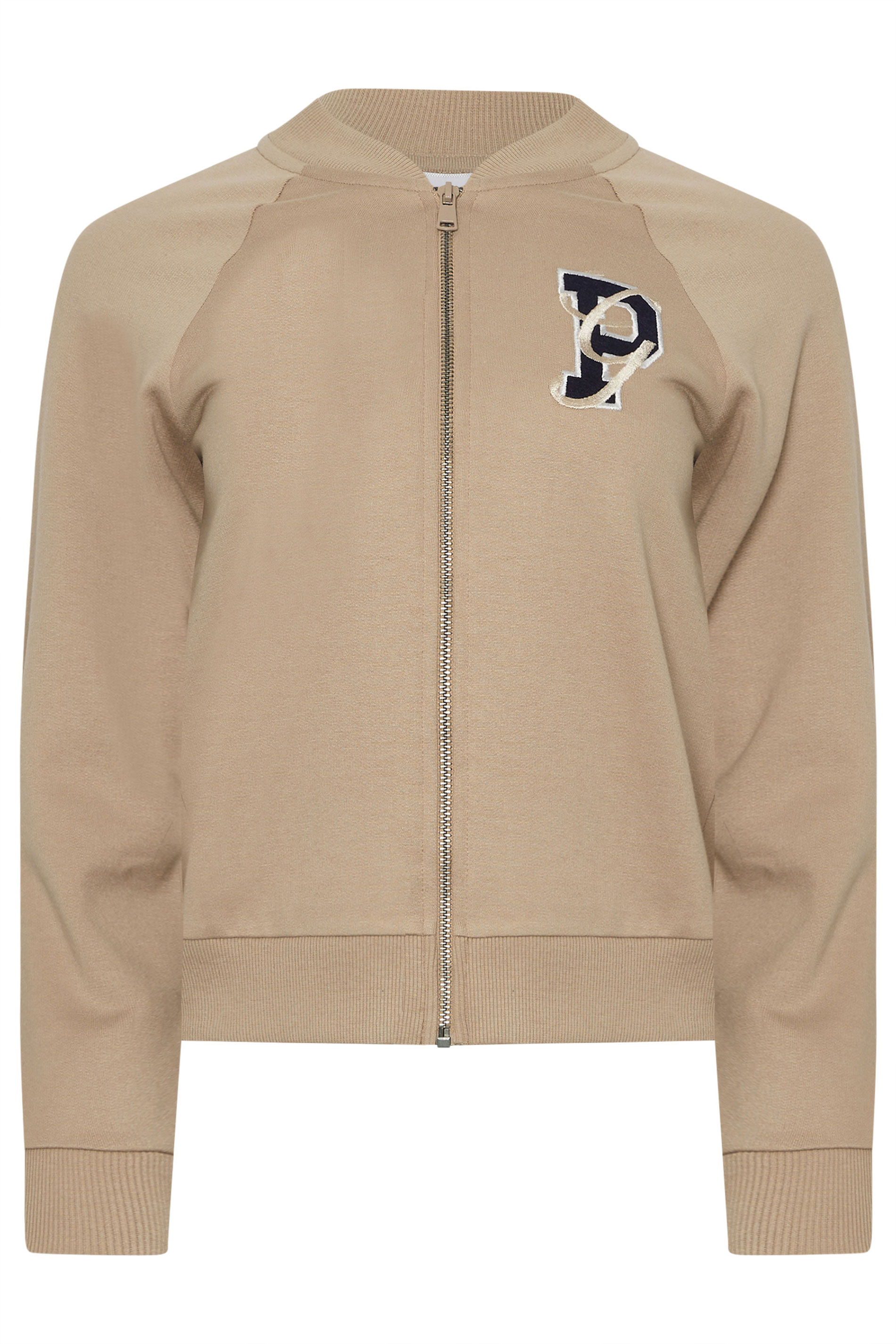 PixieGirl Petite Women's Stone Brown Embroidered Initial Jersey Bomber Jacket | PixieGirl 6